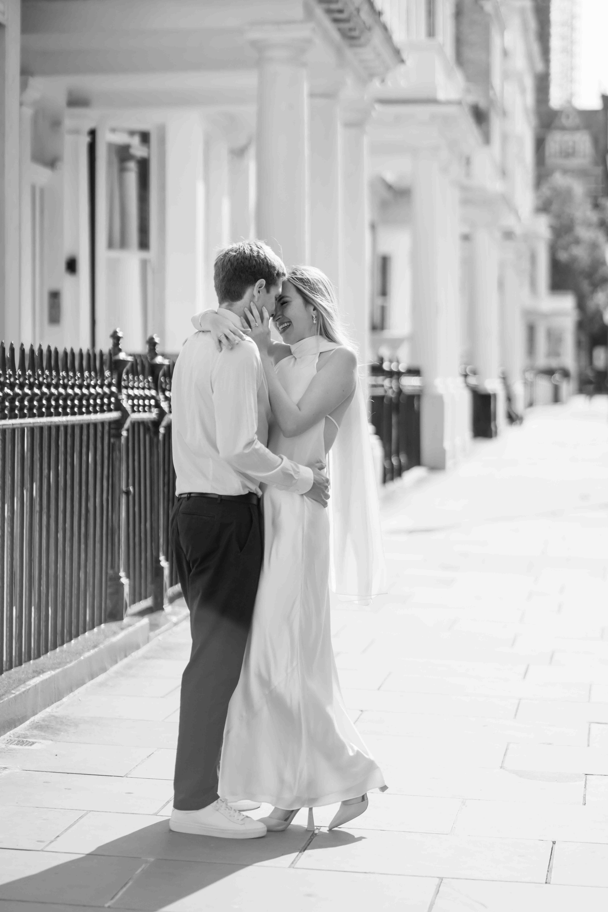 Black and white romantic couple portrait in South Kensington London