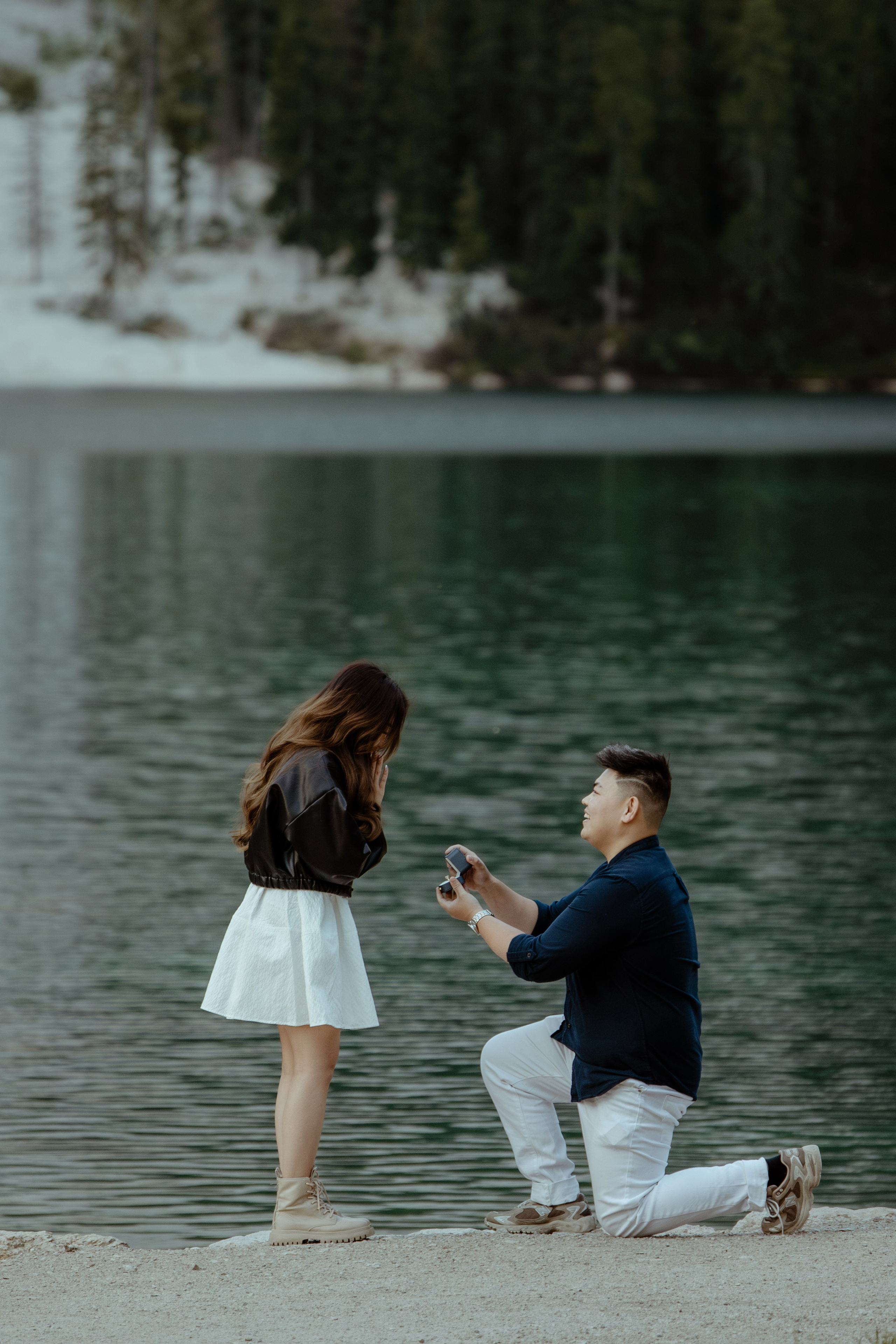 Sunrise proposal at Lago di Braies | Dreamy engagement in the Dolomites. Iceland elopement photographer & videographer