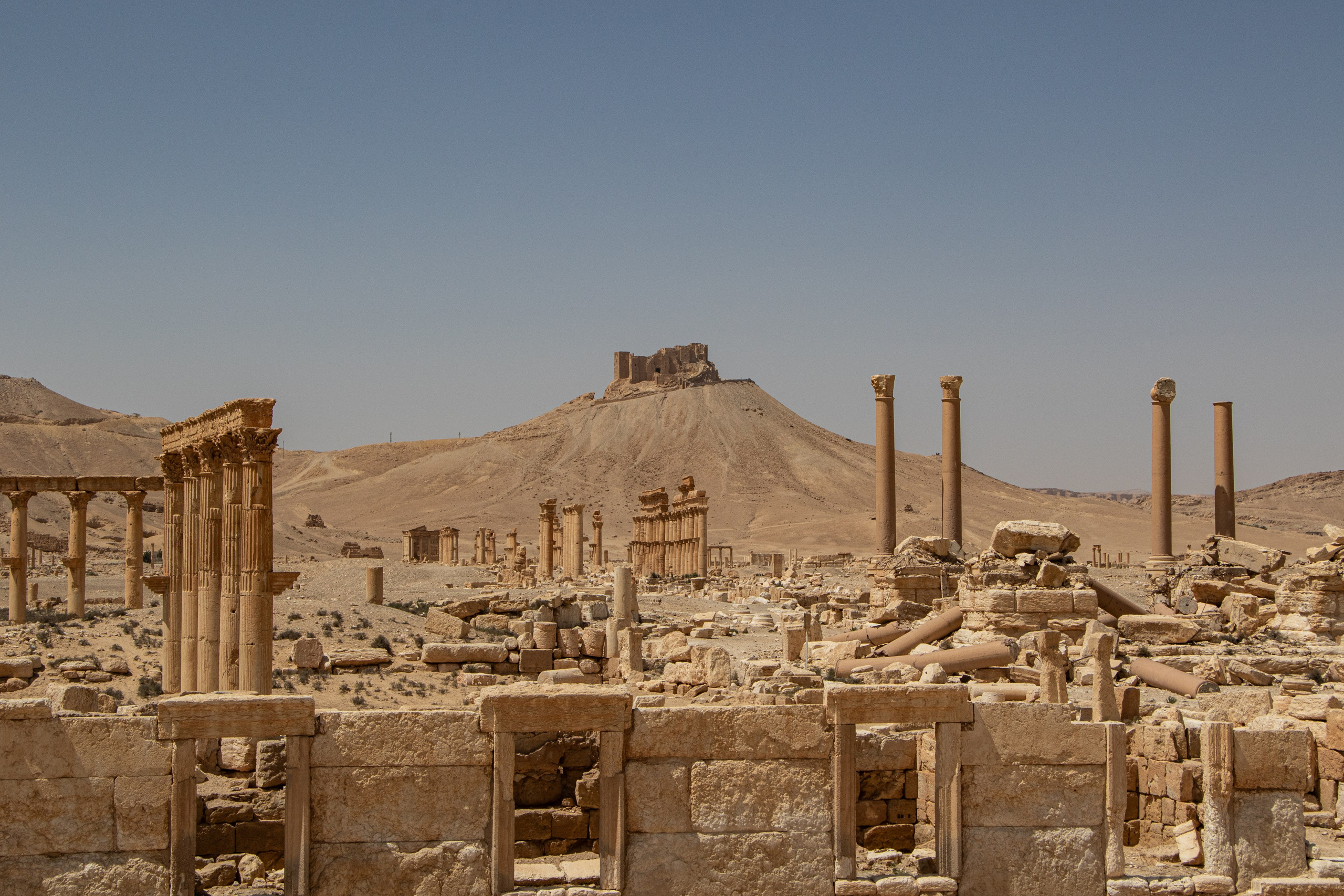 Panorama des ruines de Palmyre, autrefois joyau de la civilisation antique, aujourd’hui témoignant des destructions infligées par le conflit syrien et l’occupation par Daesh.