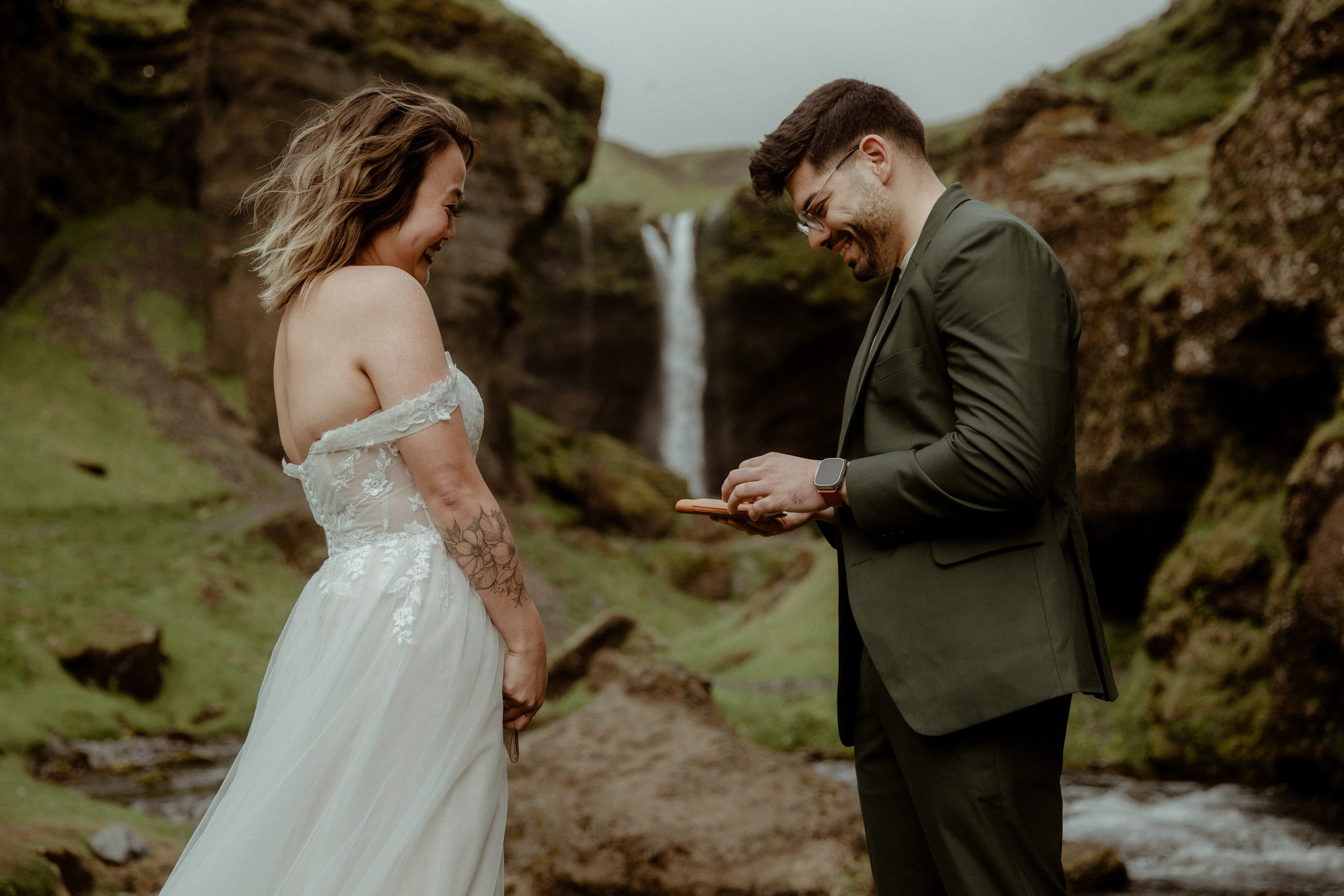 Elopement at Kvernufoss Waterfall. Iceland elopement photographer & videographer