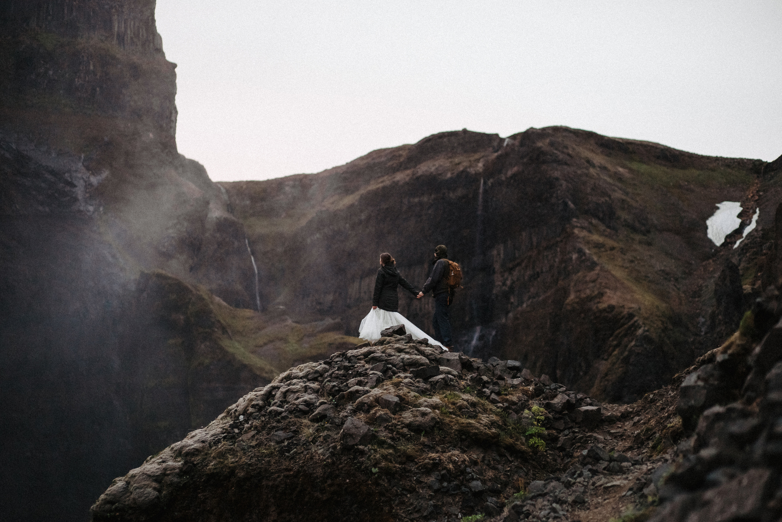 Midnight sun elopement at Haifoss in Iceland. Iceland elopement photographer & videographer