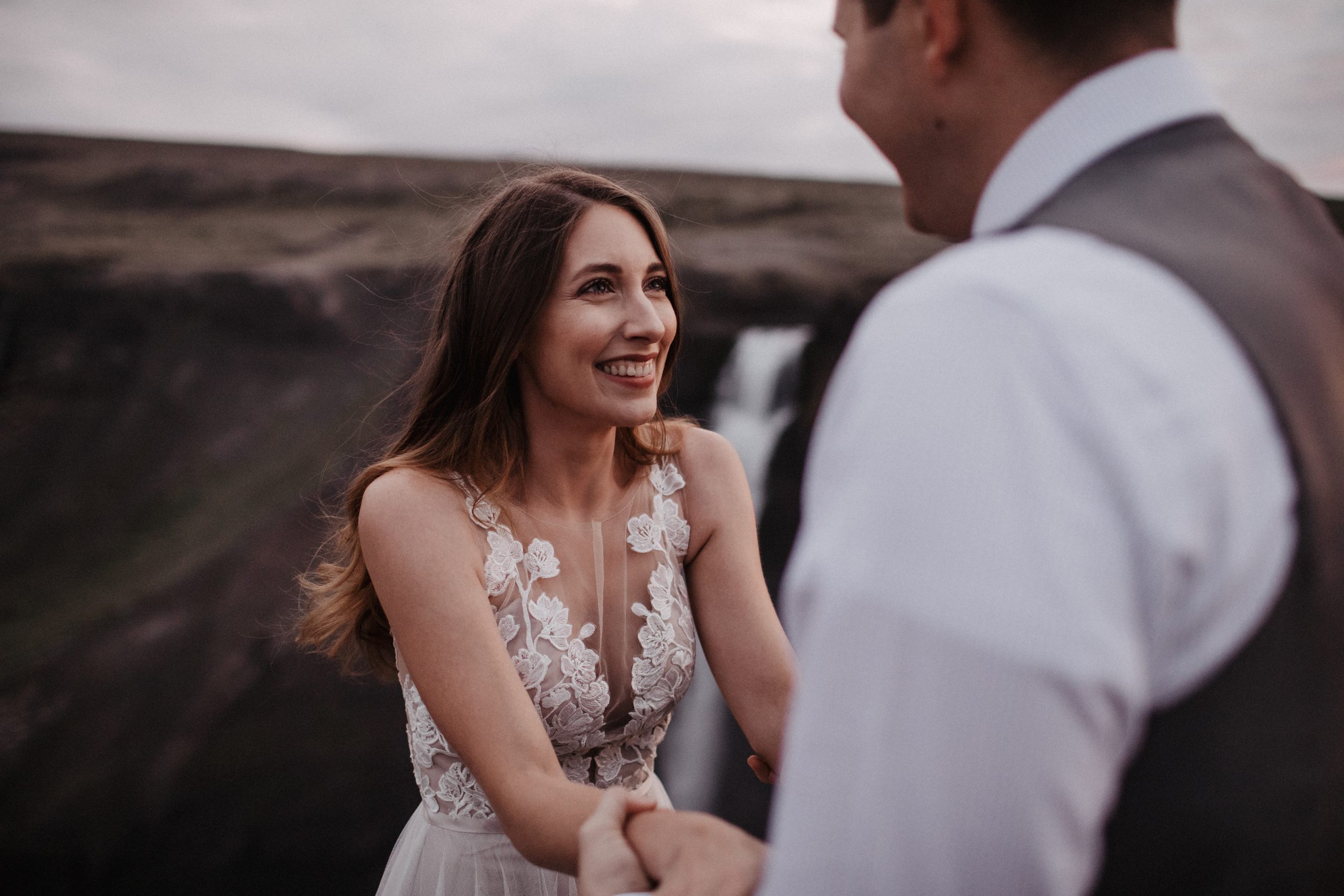 Midnight sun elopement at Haifoss in Iceland. Iceland elopement photographer & videographer