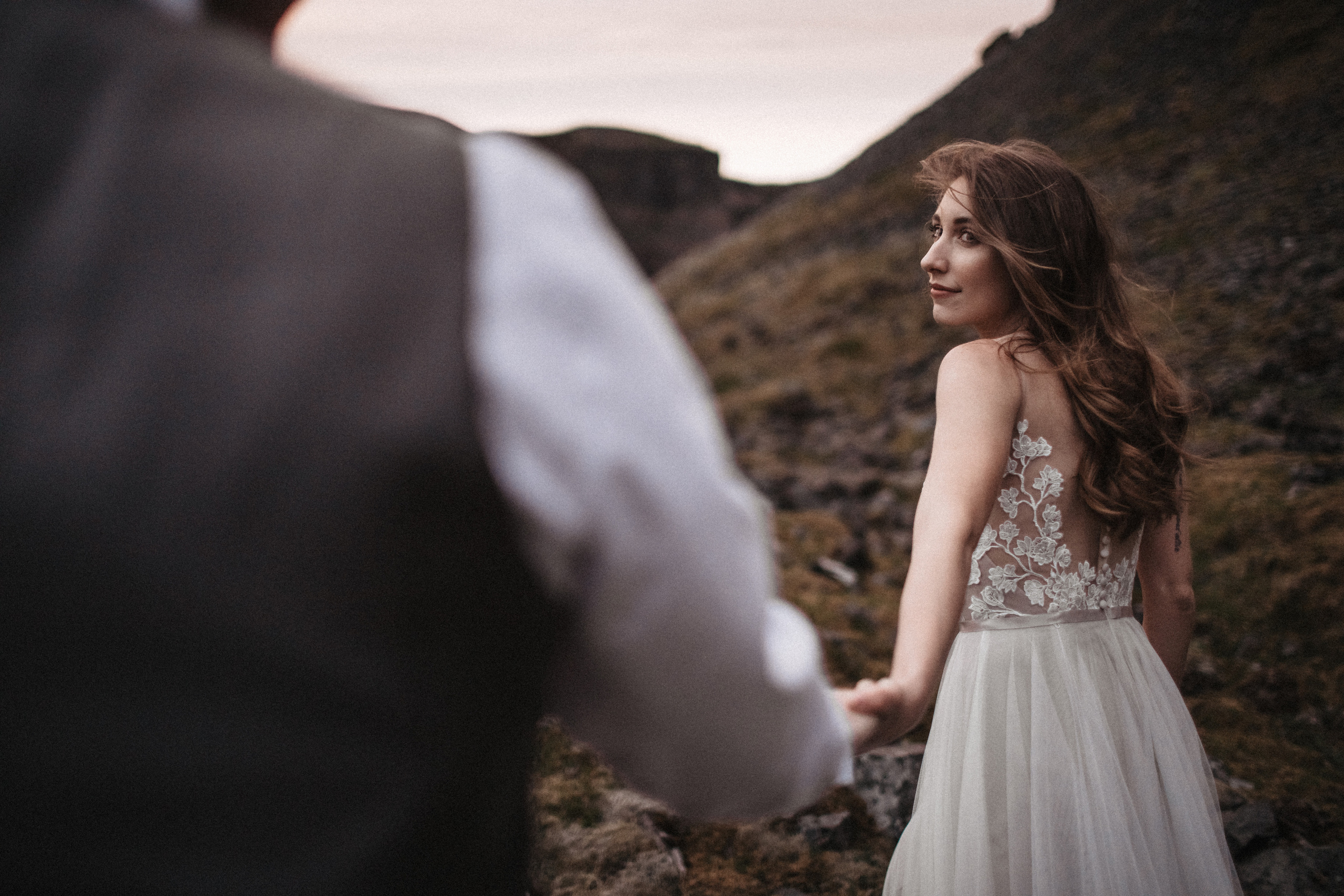 Midnight sun elopement at Haifoss in Iceland. Iceland elopement photographer & videographer