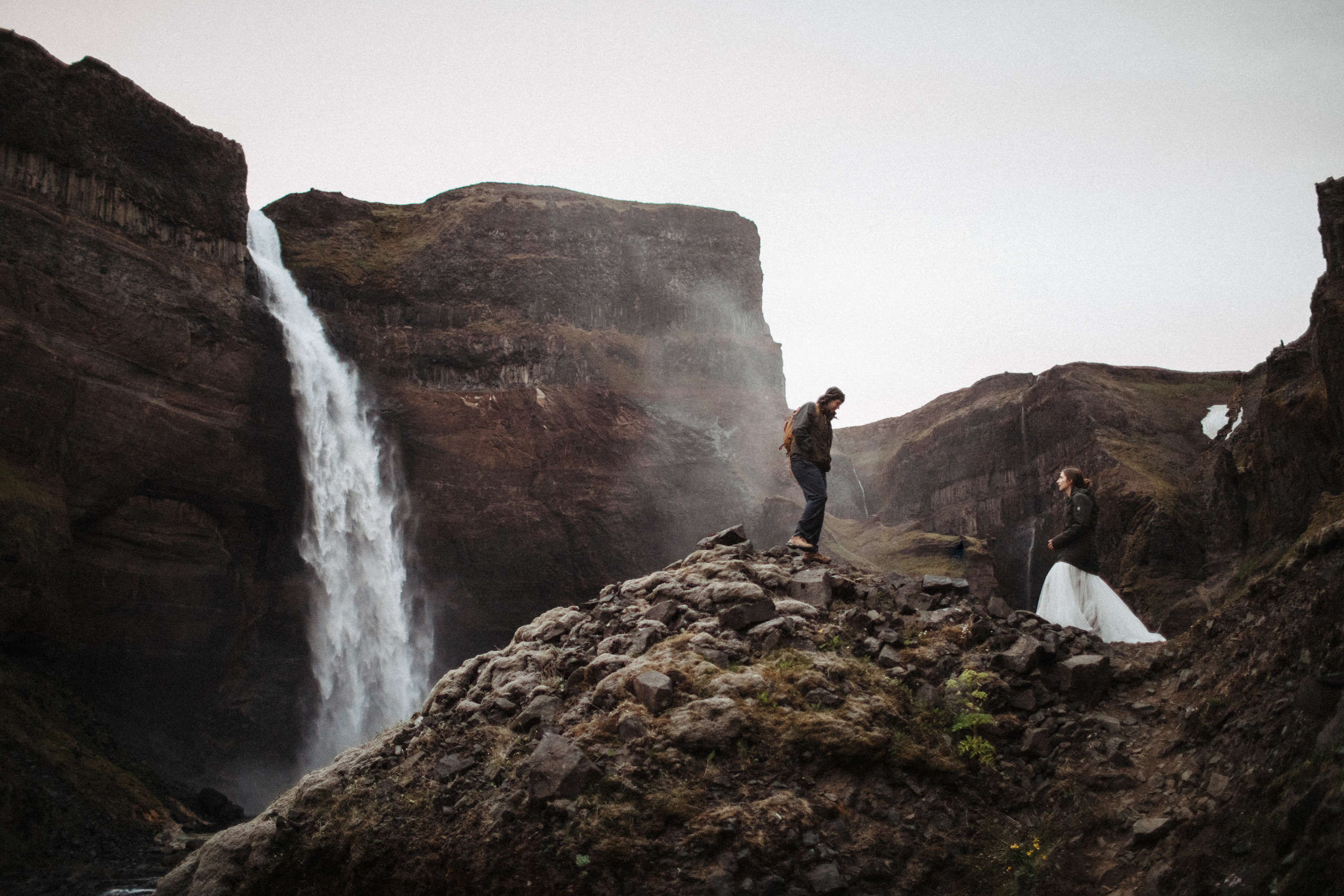 Midnight sun elopement at Haifoss in Iceland. Iceland elopement photographer & videographer