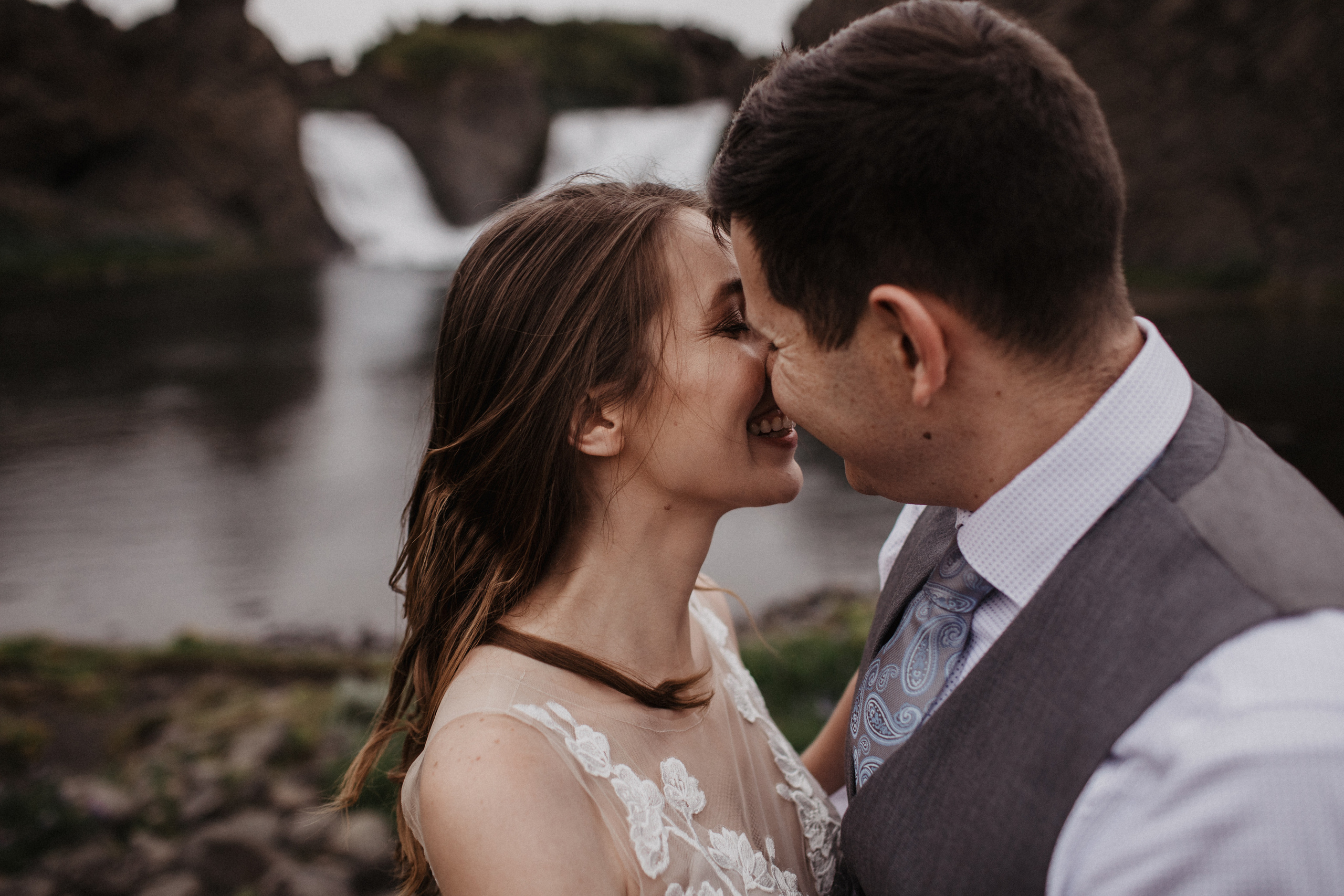 Midnight sun elopement at Haifoss in Iceland. Iceland elopement photographer & videographer