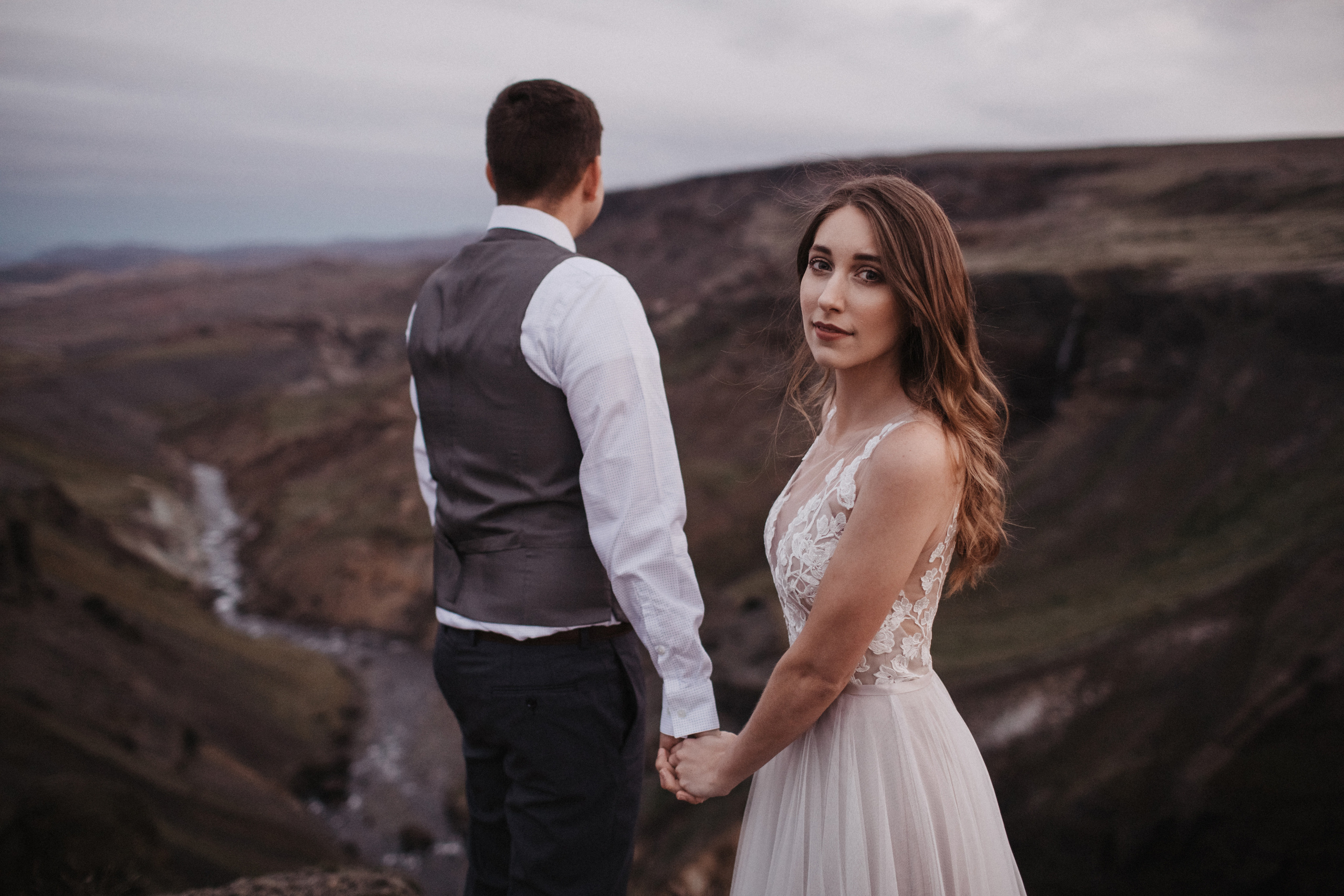 Midnight sun elopement at Haifoss in Iceland. Iceland elopement photographer & videographer