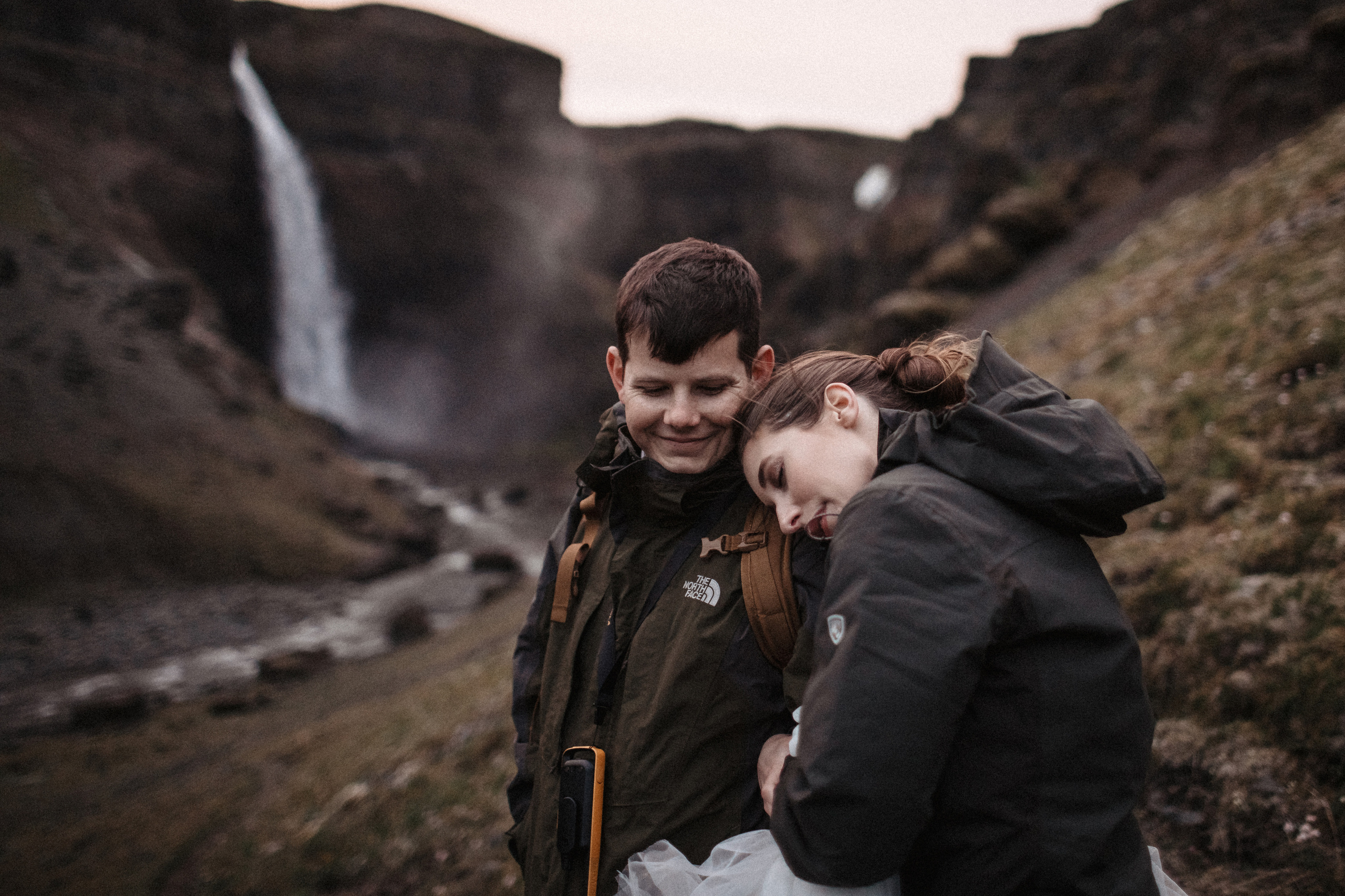 Midnight sun elopement at Haifoss in Iceland. Iceland elopement photographer & videographer