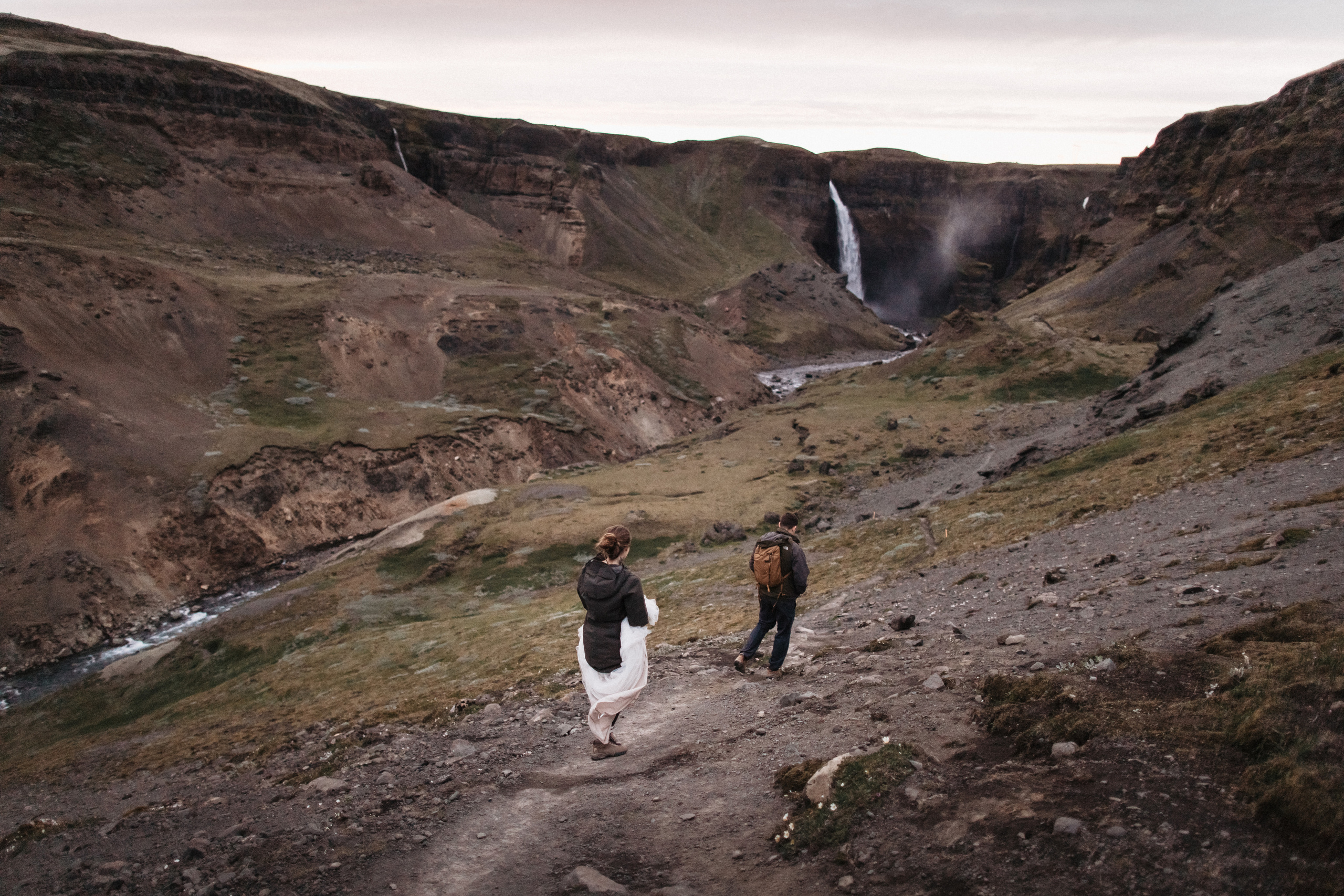 Midnight sun elopement at Haifoss in Iceland. Iceland elopement photographer & videographer