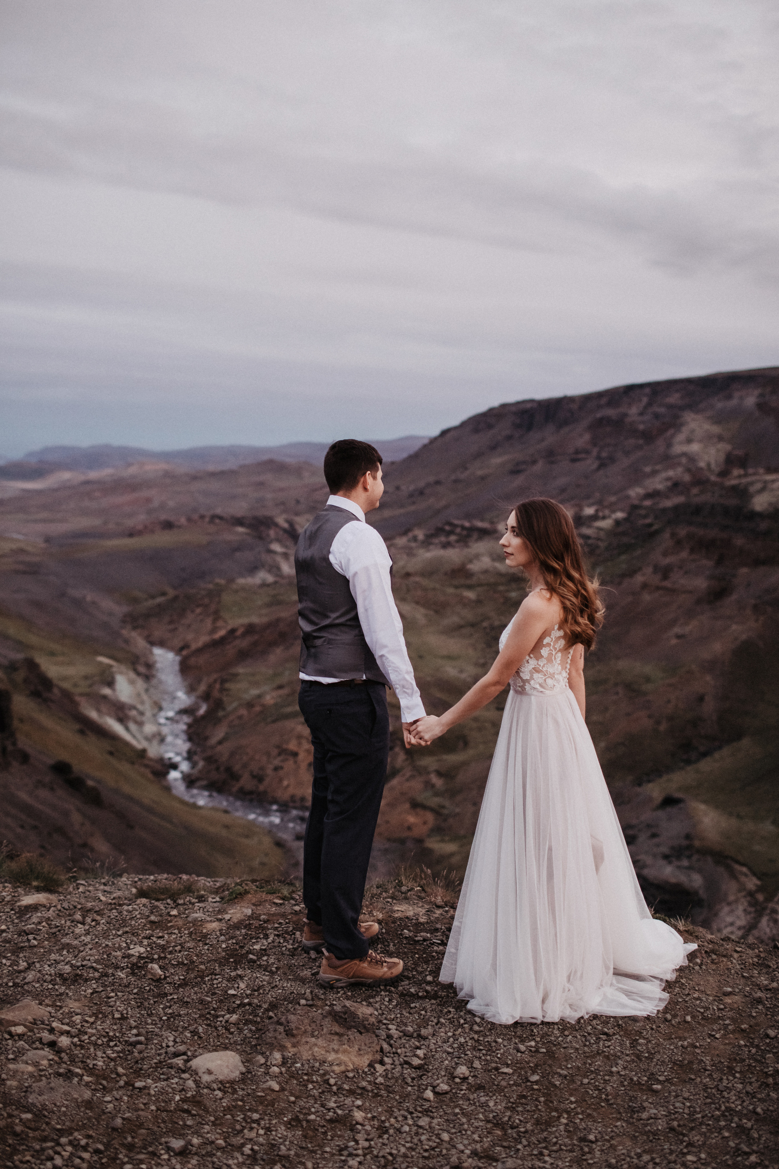 Midnight sun elopement at Haifoss in Iceland. Iceland elopement photographer & videographer
