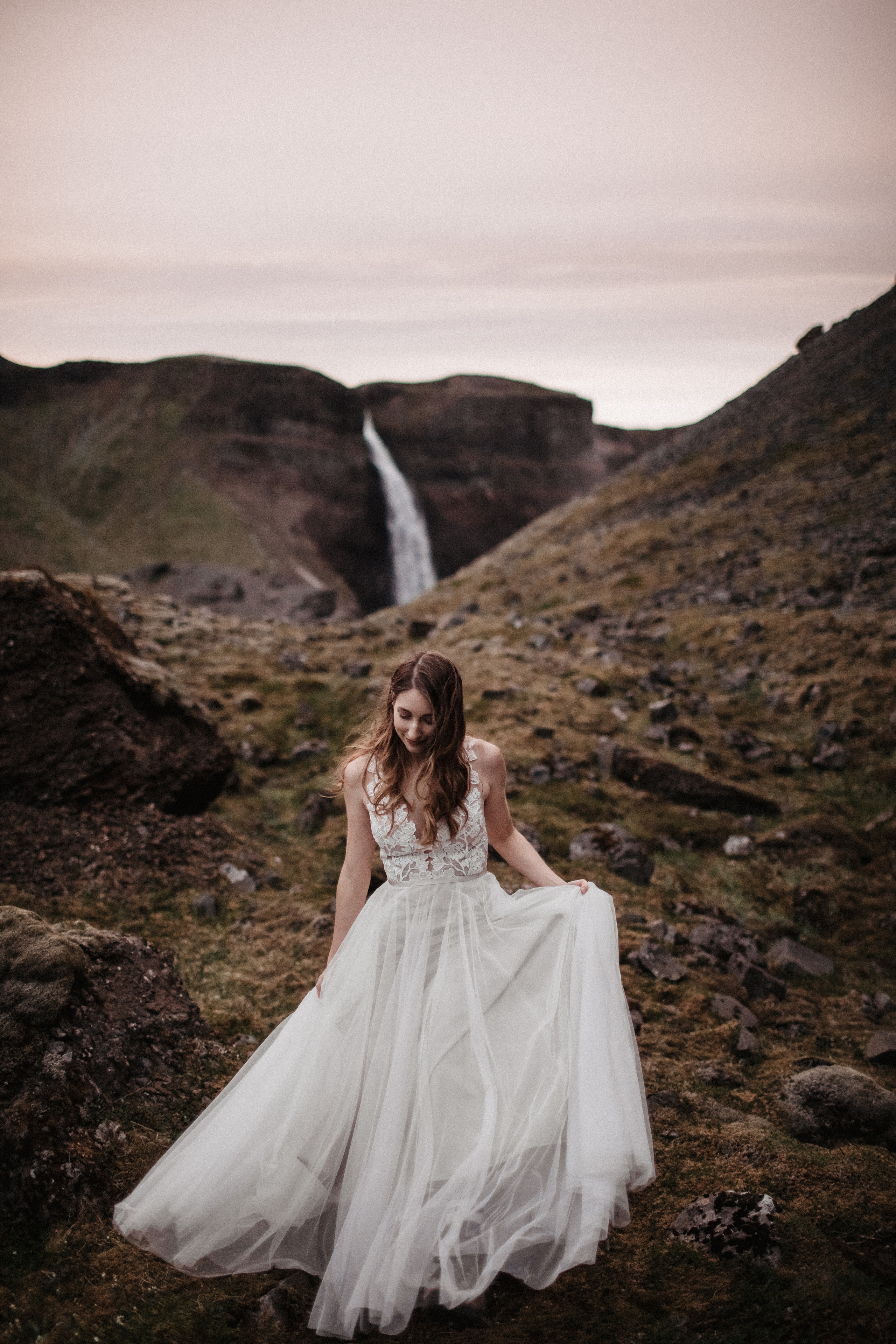 Midnight sun elopement at Haifoss in Iceland. Iceland elopement photographer & videographer