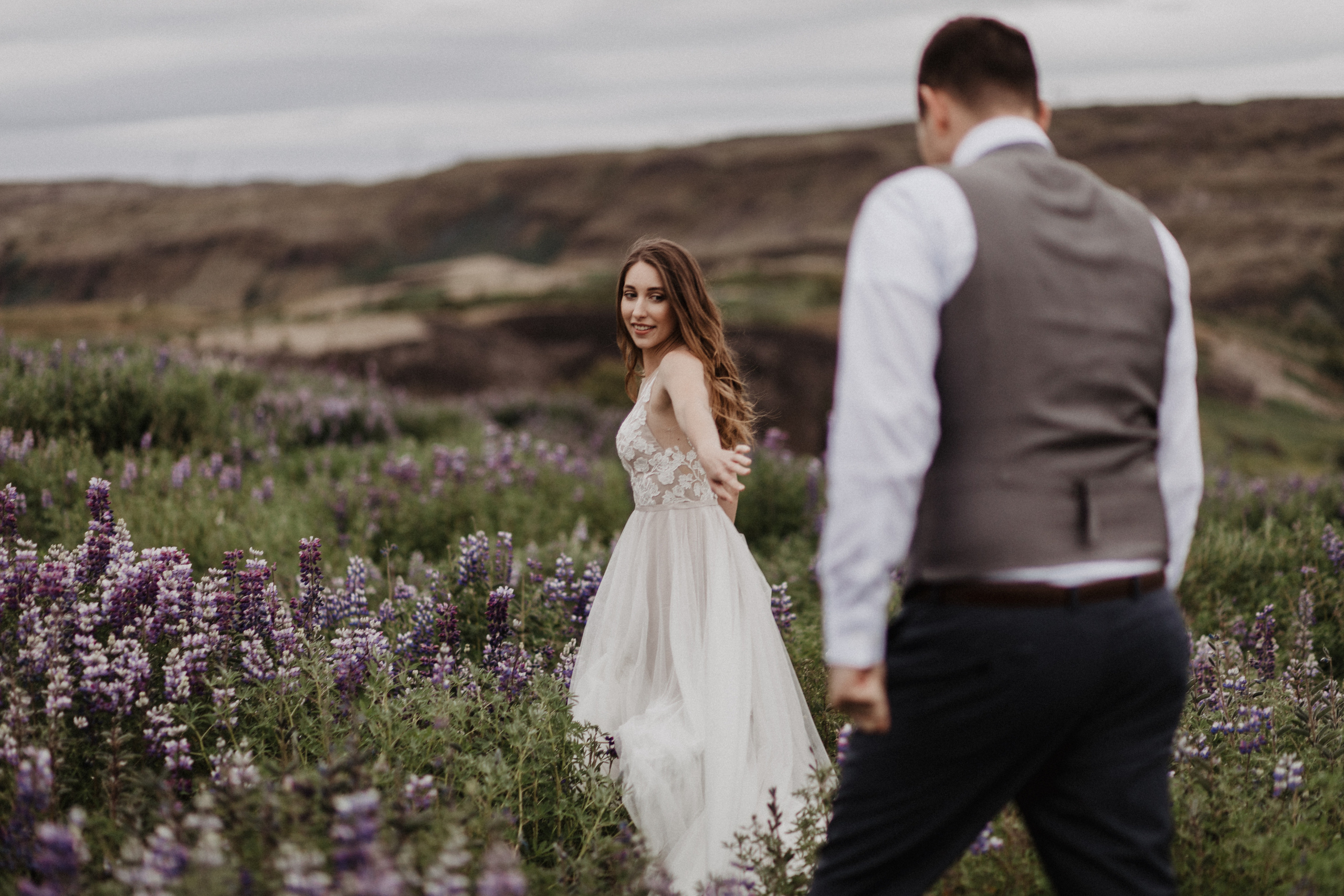 Midnight sun elopement at Haifoss in Iceland. Iceland elopement photographer & videographer