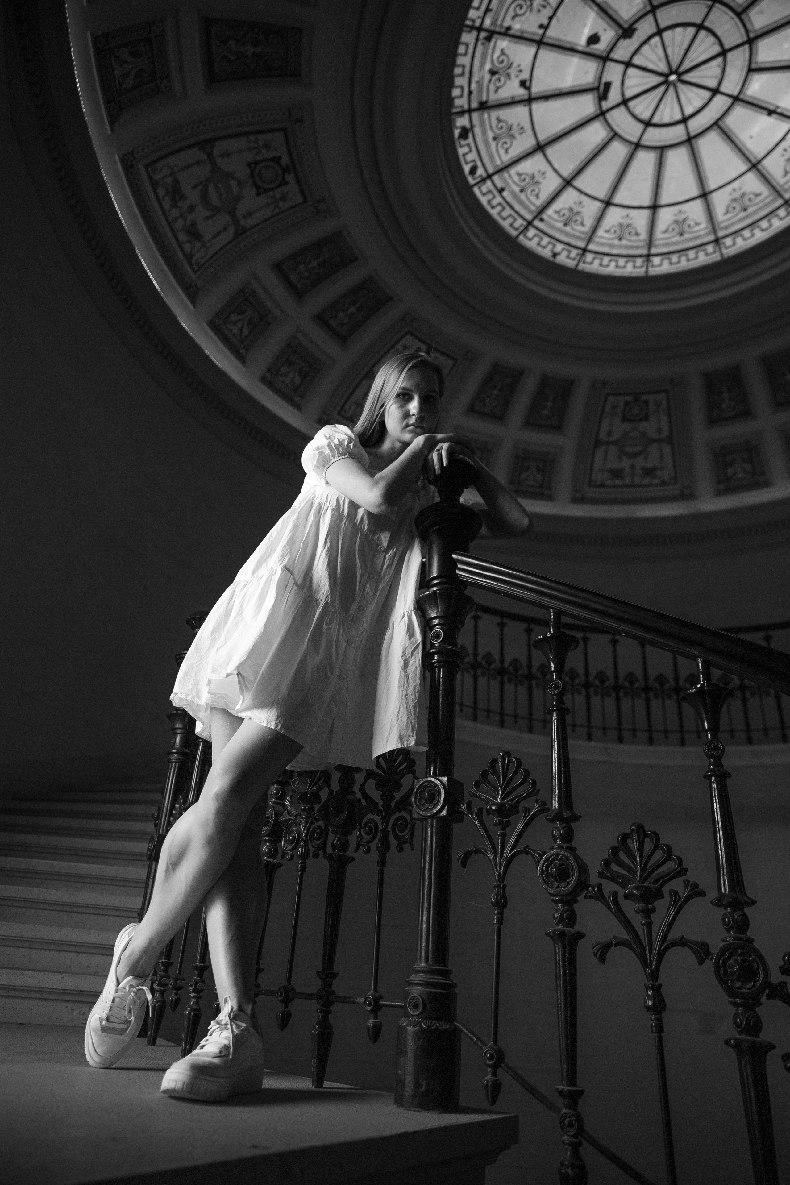 black and white photo of a ballerina in Budapest
