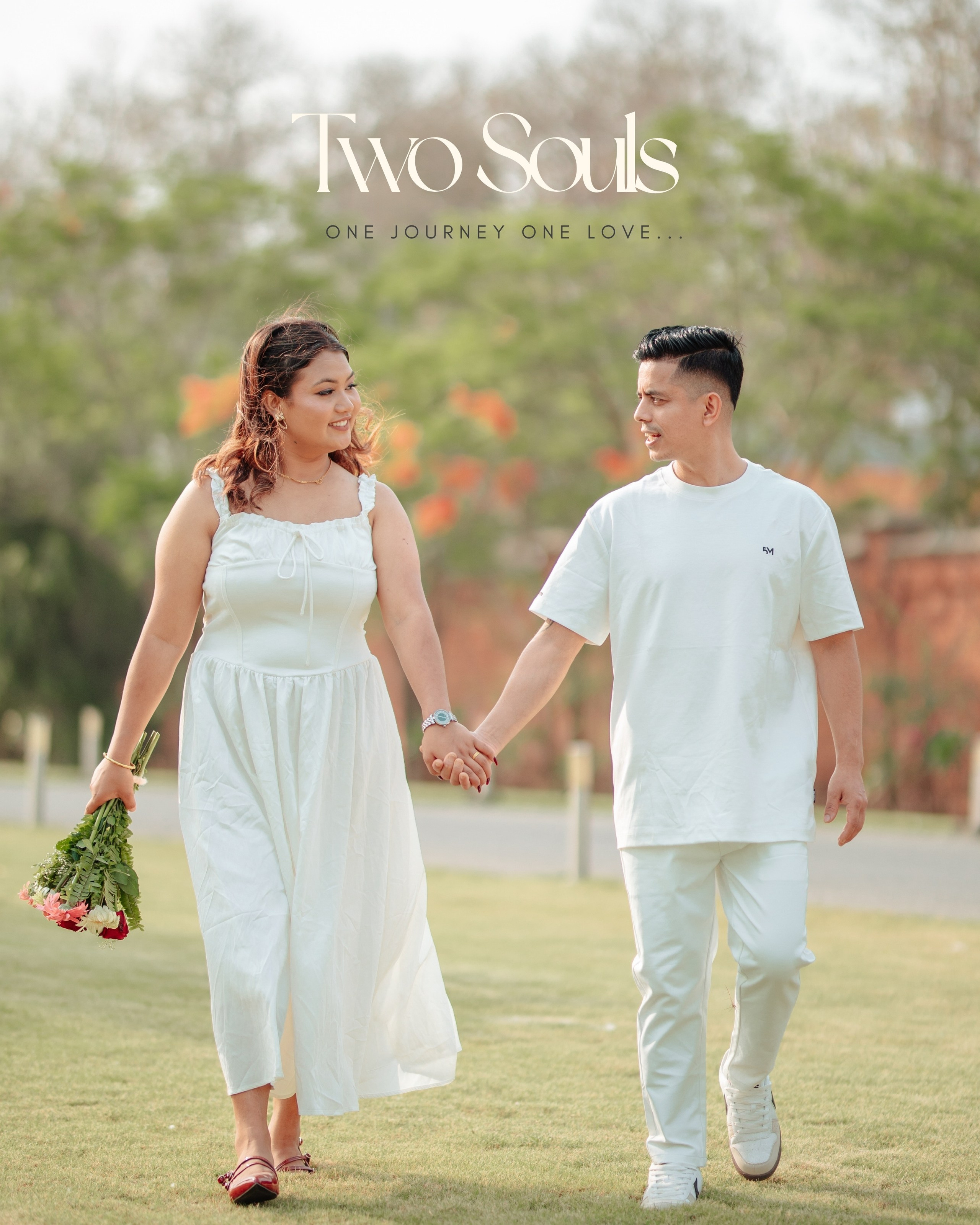 Romantic outdoor pre-wedding photoshoot of a happy Nepali couple holding hands and walking in a park. Photo captured by Poudel Digital