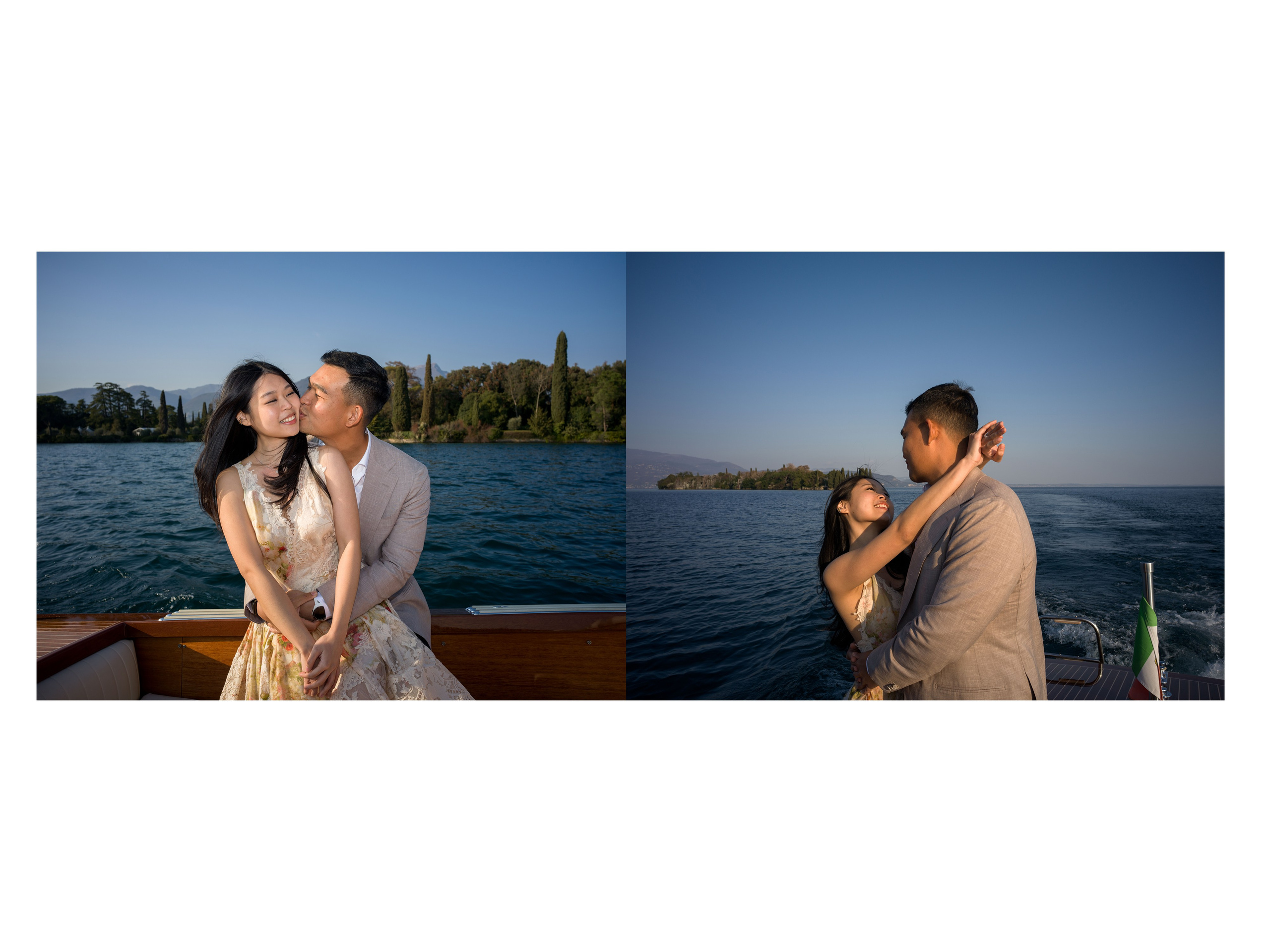 Couple celebrating proposal with Isola del Garda behind.