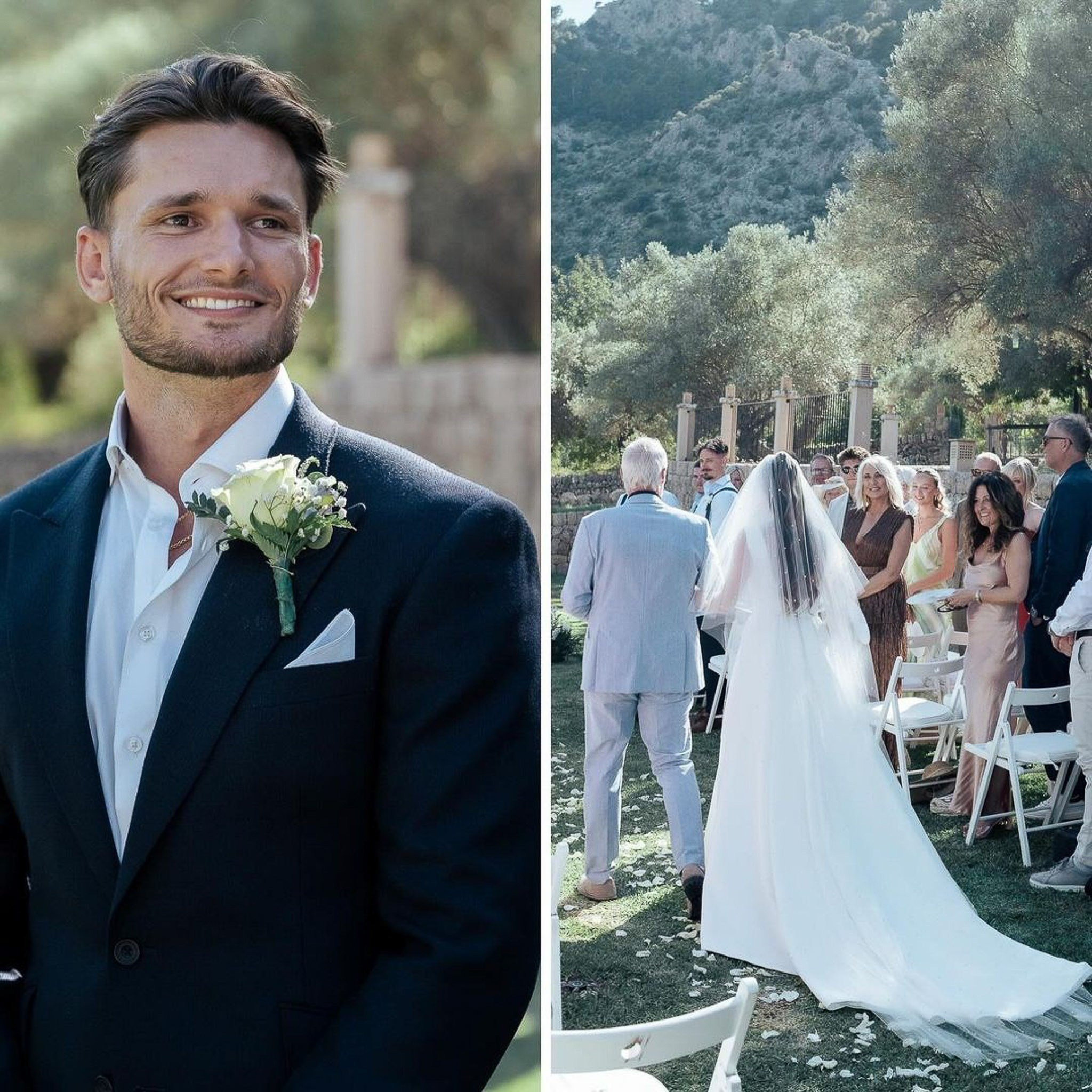 Mallorca wedding officiant's view of the groom smiling as the bride arrives before their ceremony