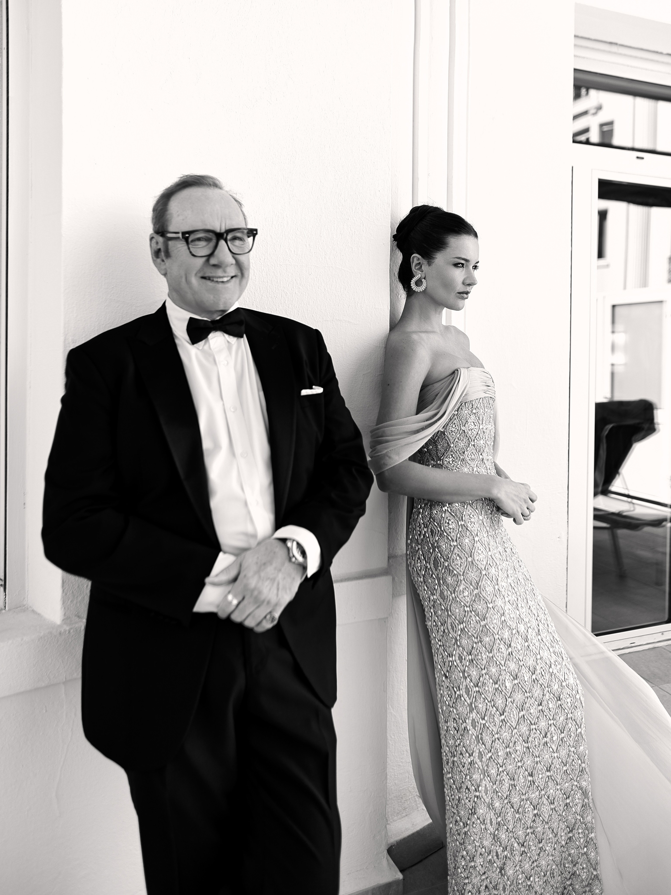 Kevin Spacey black and white fashion portrait Le Majestic Cannes 2026