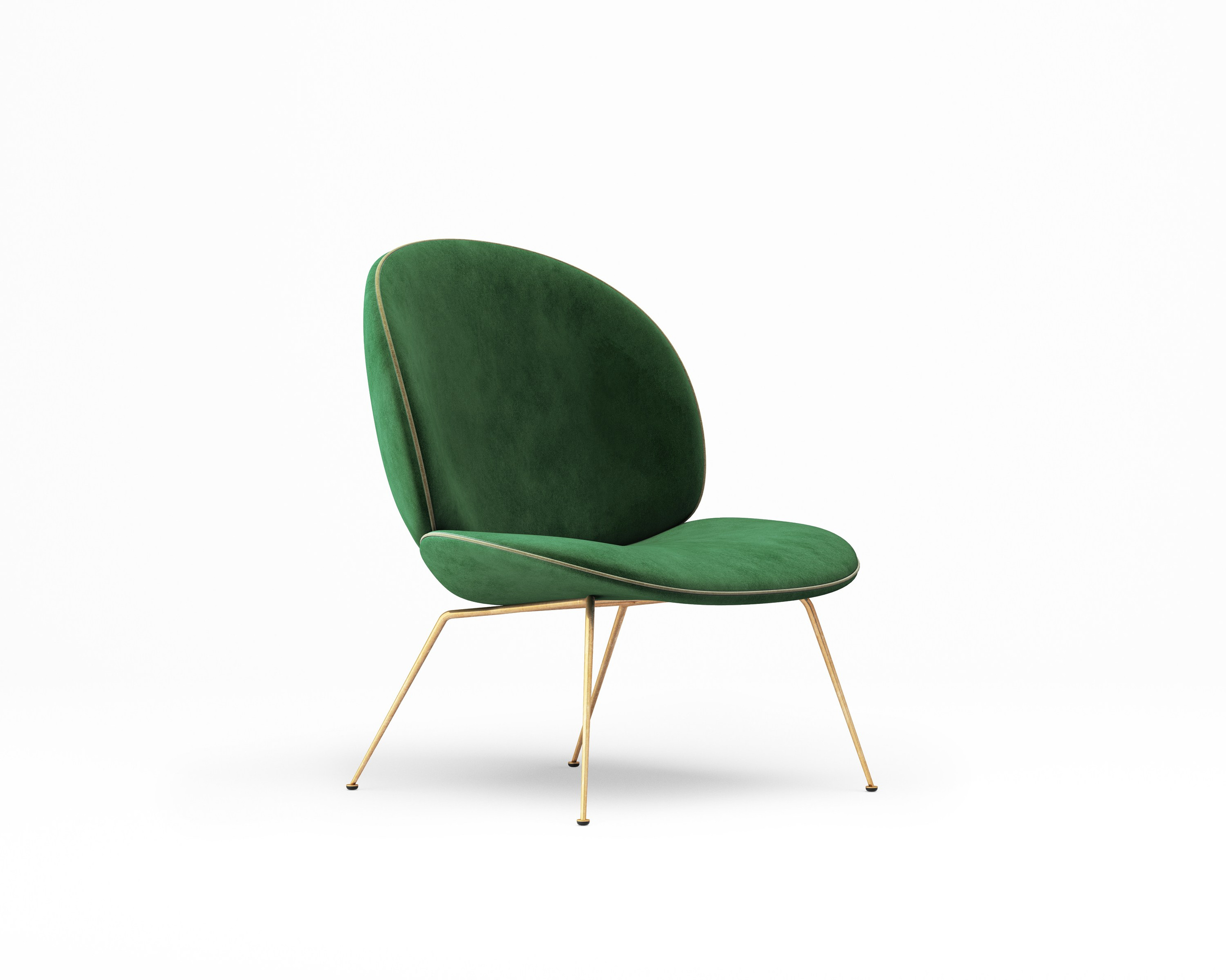 Modern green velvet chair with thin gold legs on a white background