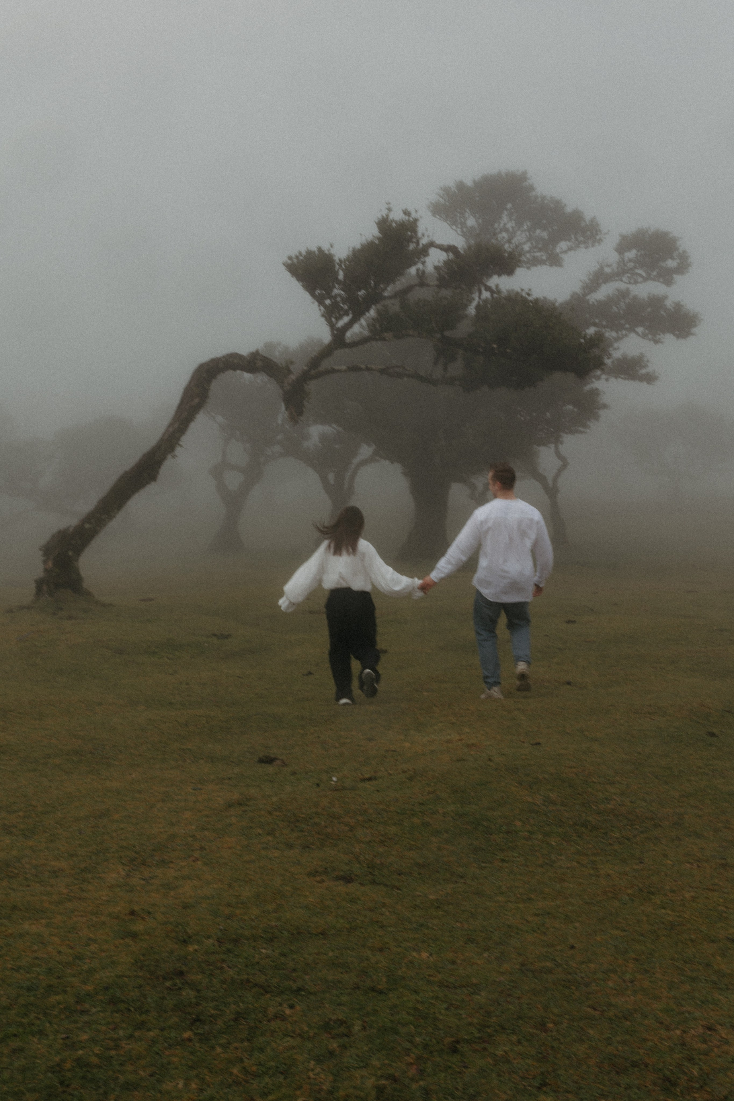 Couple walking hand in hand through Fanal Forest mist