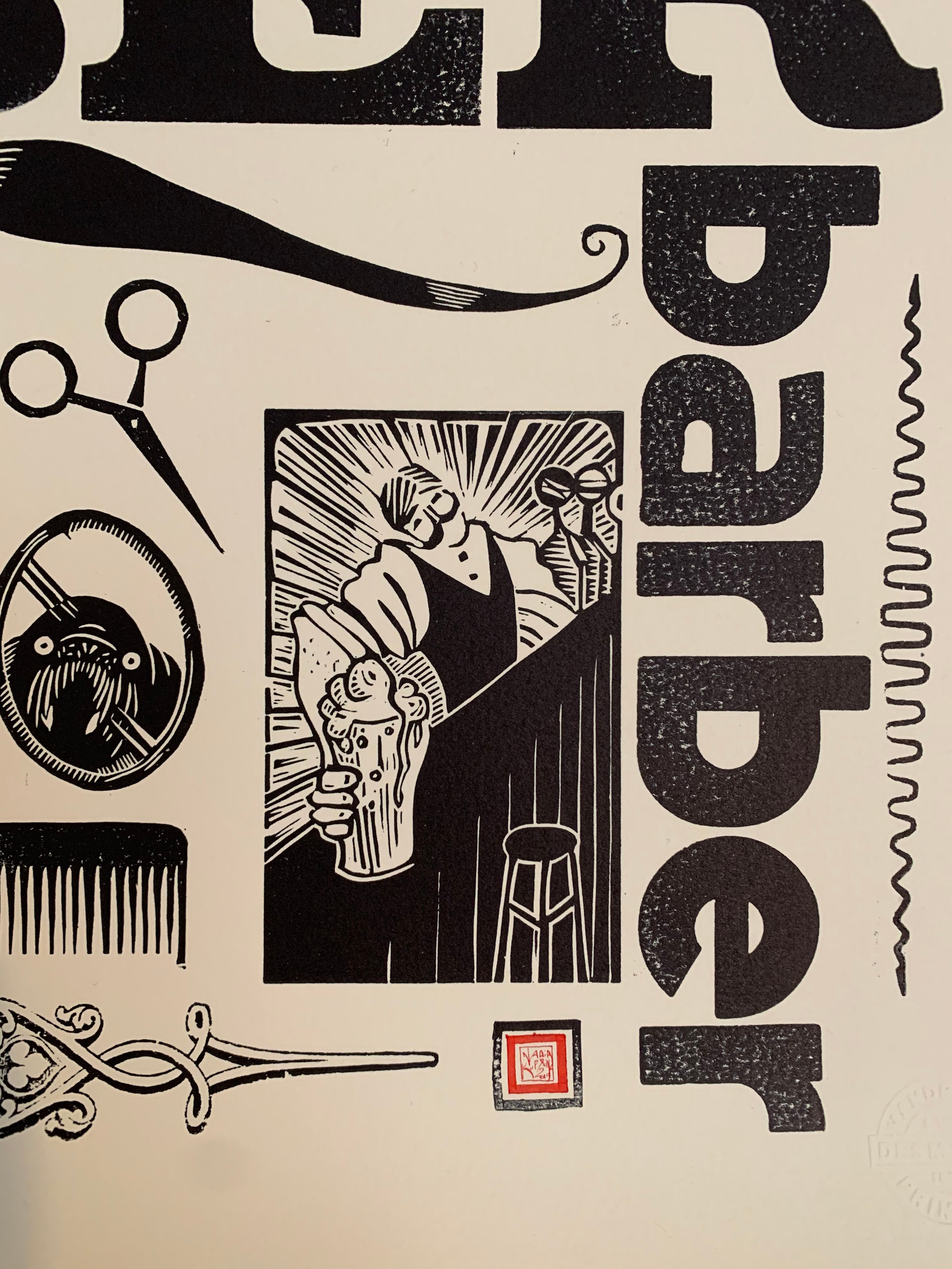 Barber print linocut printmaker antique printmaker barber print sous-sol editions limitededition artprint barberprint barber Rossini Figaro art print detail