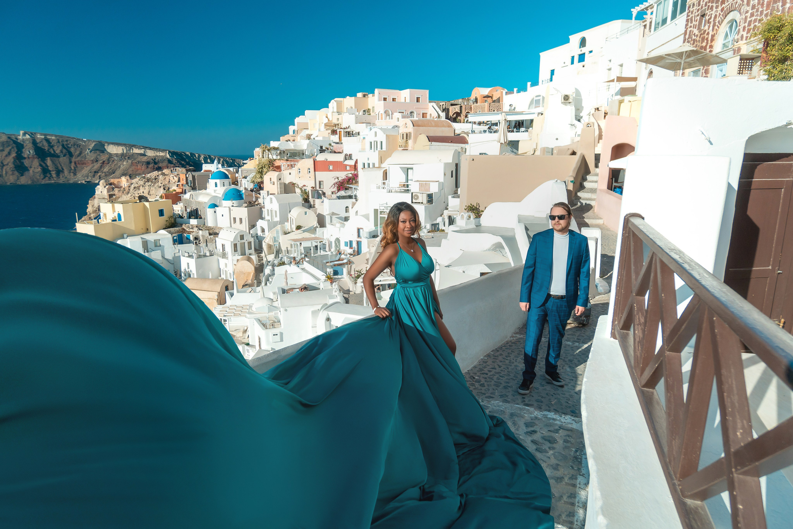 Dark Green Flying Dress Backless Santorini Photoshoot Gown. Photographer in Santorini SokoLOVE Alex| Flying Dress Santorini