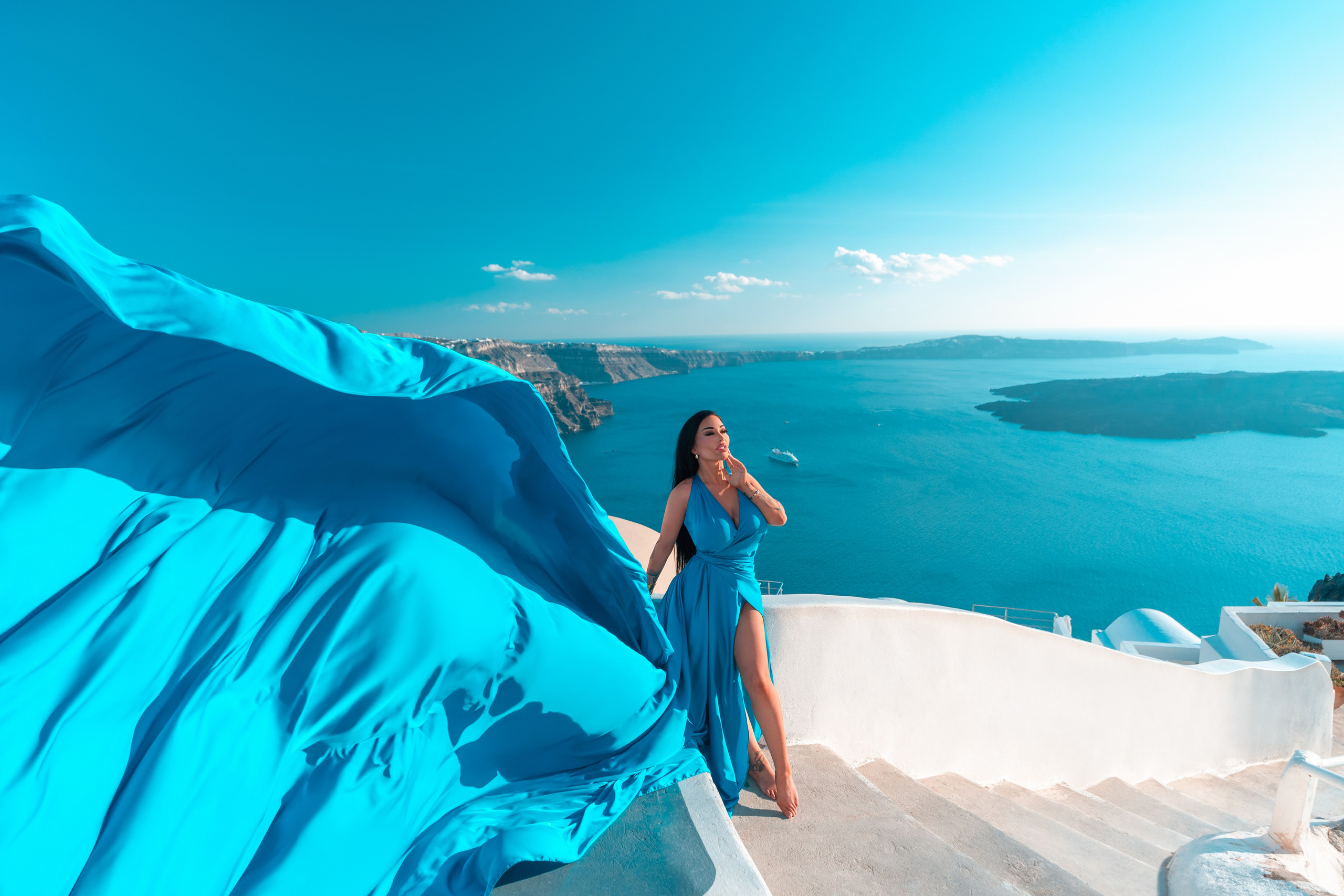 Cobalt aquamarine silk bare back samtorini flying dresses. Flying Dress Santorini Photographer | SokoLOVE — Book 2026