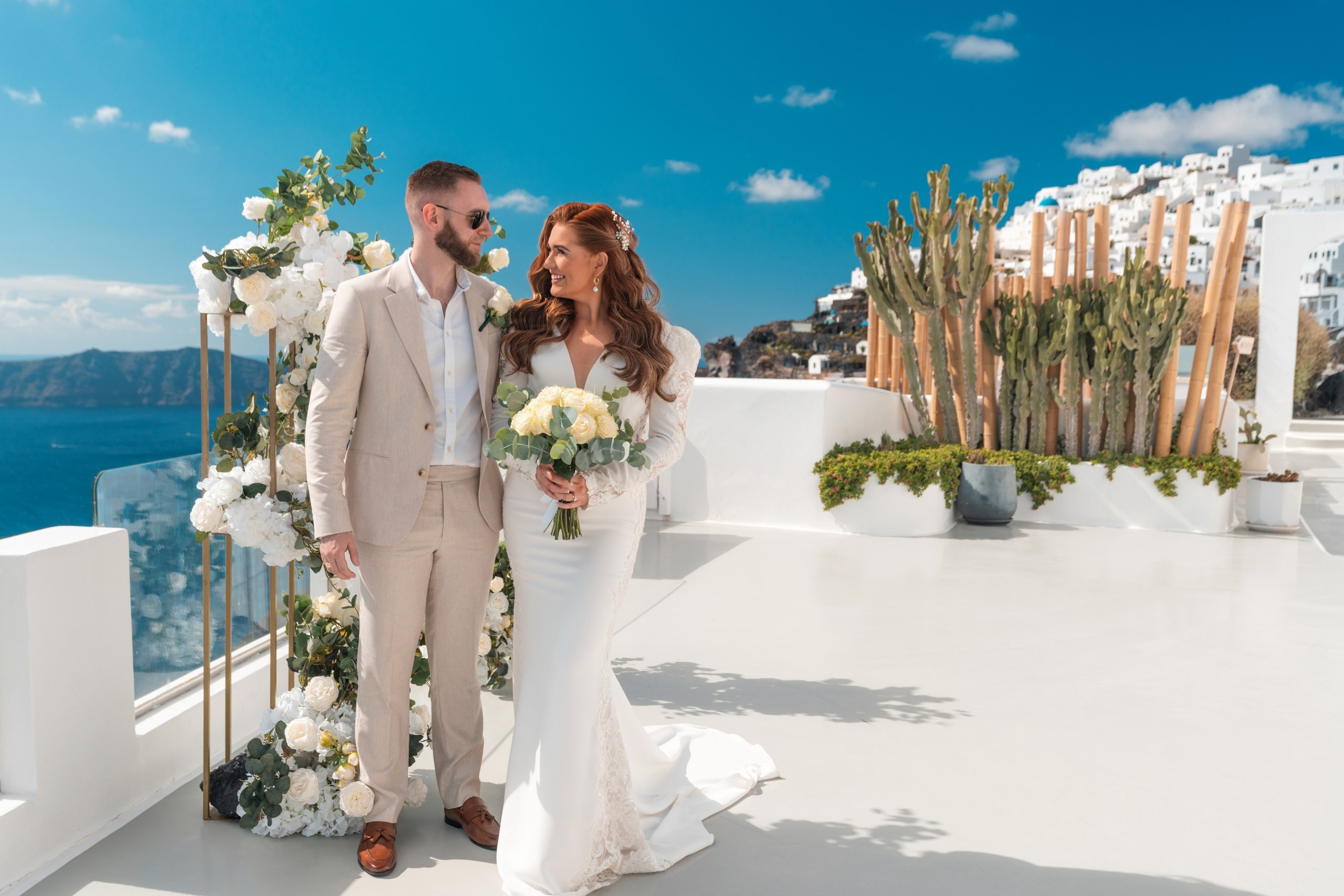 Santorini Destination Wedding Photographer | Elegant Ceremony Photos. Photographer in Santorini SokoLOVE | Flying Dress Santorini