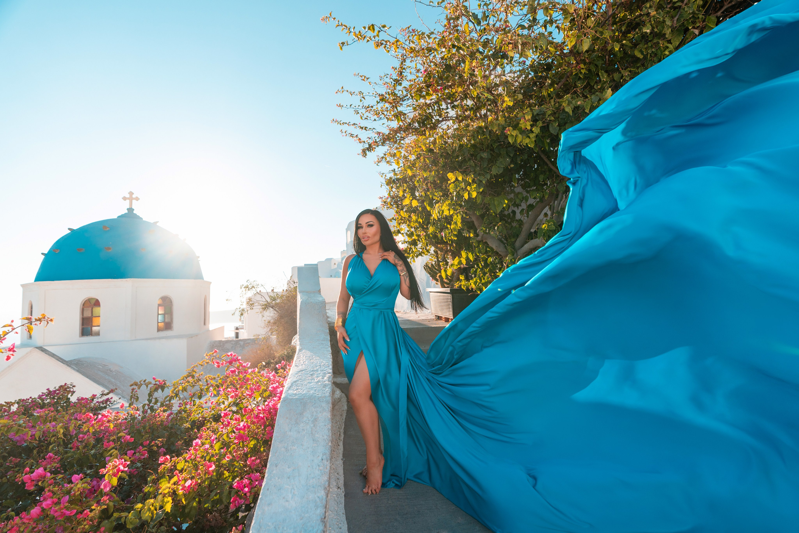 Cobalt aquamarine silk bare back samtorini flying dresses. Flying Dress Santorini Photographer | SokoLOVE — Book 2026