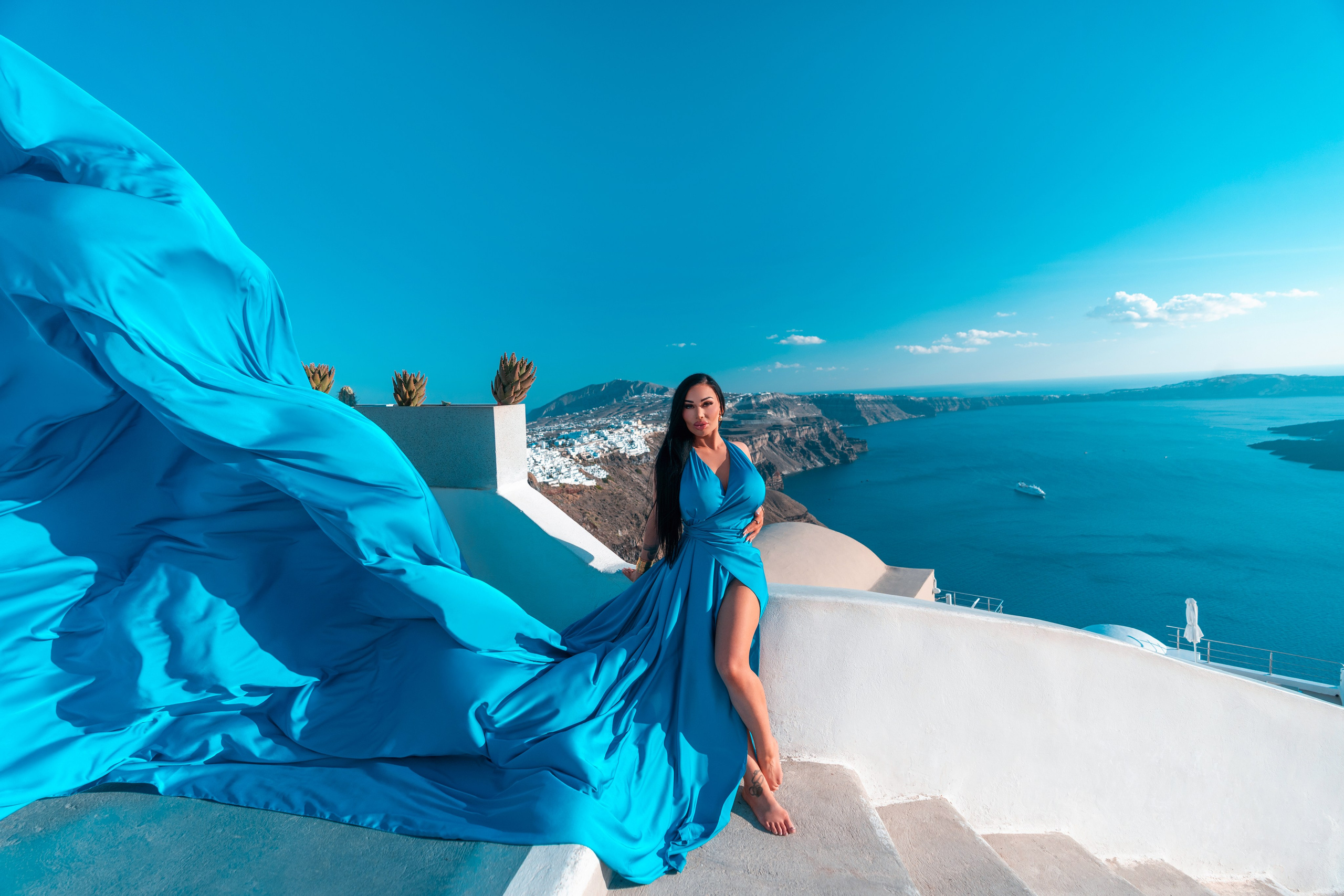 Cobalt aquamarine silk bare back samtorini flying dresses. Flying Dress Santorini Photographer | SokoLOVE — Book 2026