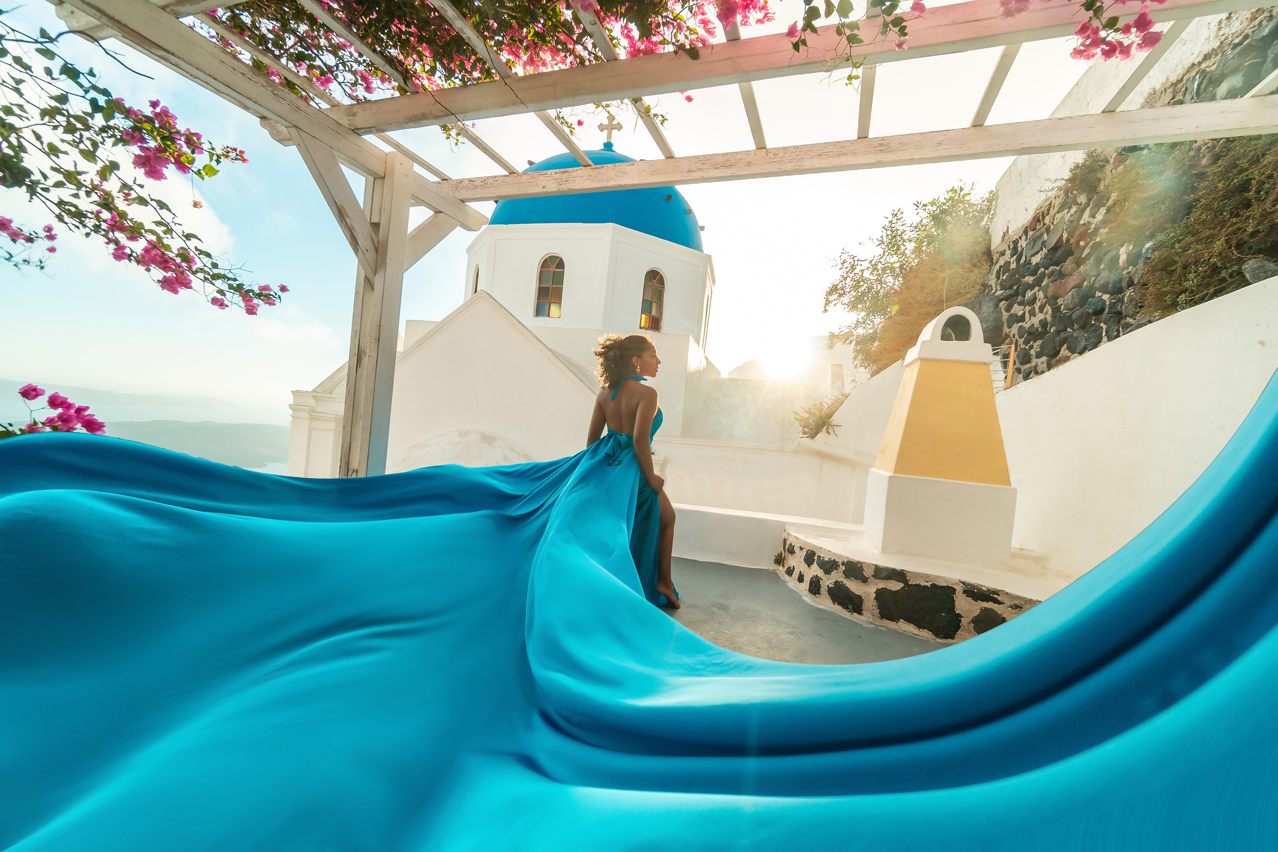 The Perfect Evening: A Sunset Photo Shoot in Imerovigli, Santorini. Photographer in Santorini SokoLOVE Alex| Flying Dress Santorini