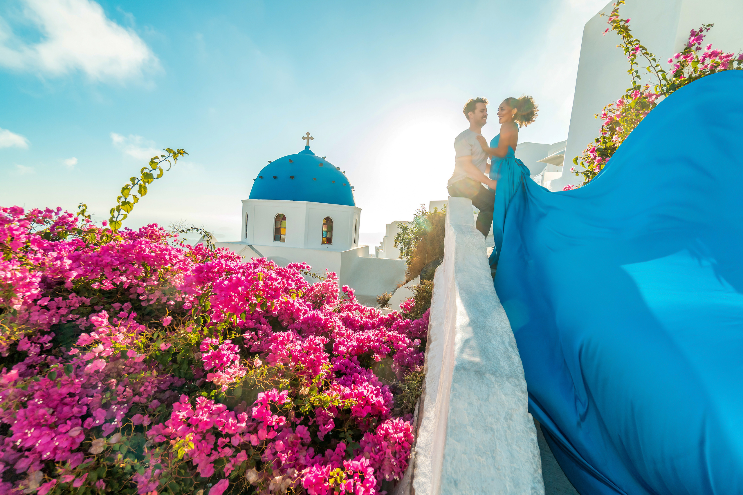 The Perfect Evening: A Sunset Photo Shoot in Imerovigli, Santorini. Photographer in Santorini SokoLOVE Alex| Flying Dress Santorini