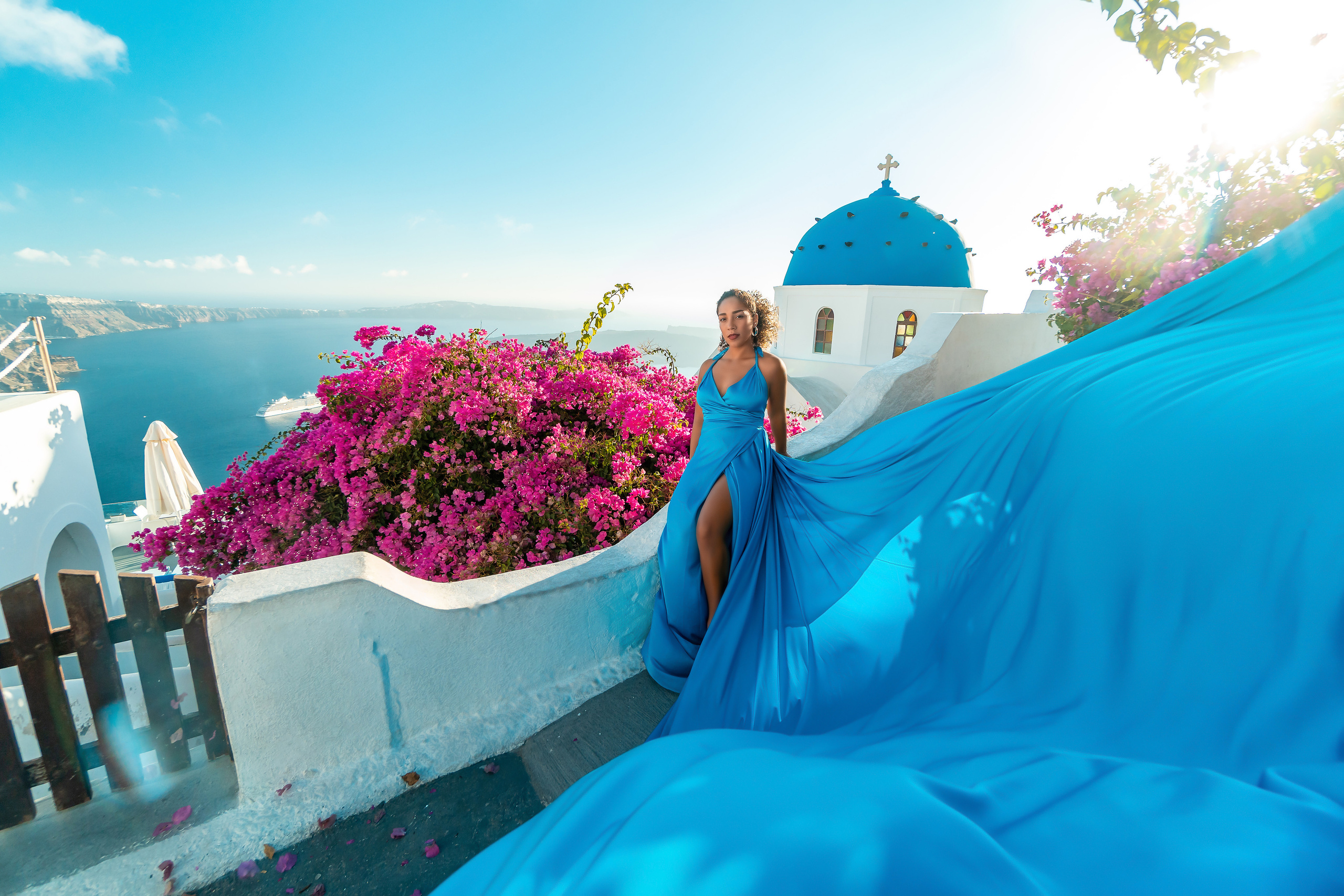 The Perfect Evening: A Sunset Photo Shoot in Imerovigli, Santorini. Photographer in Santorini SokoLOVE Alex| Flying Dress Santorini