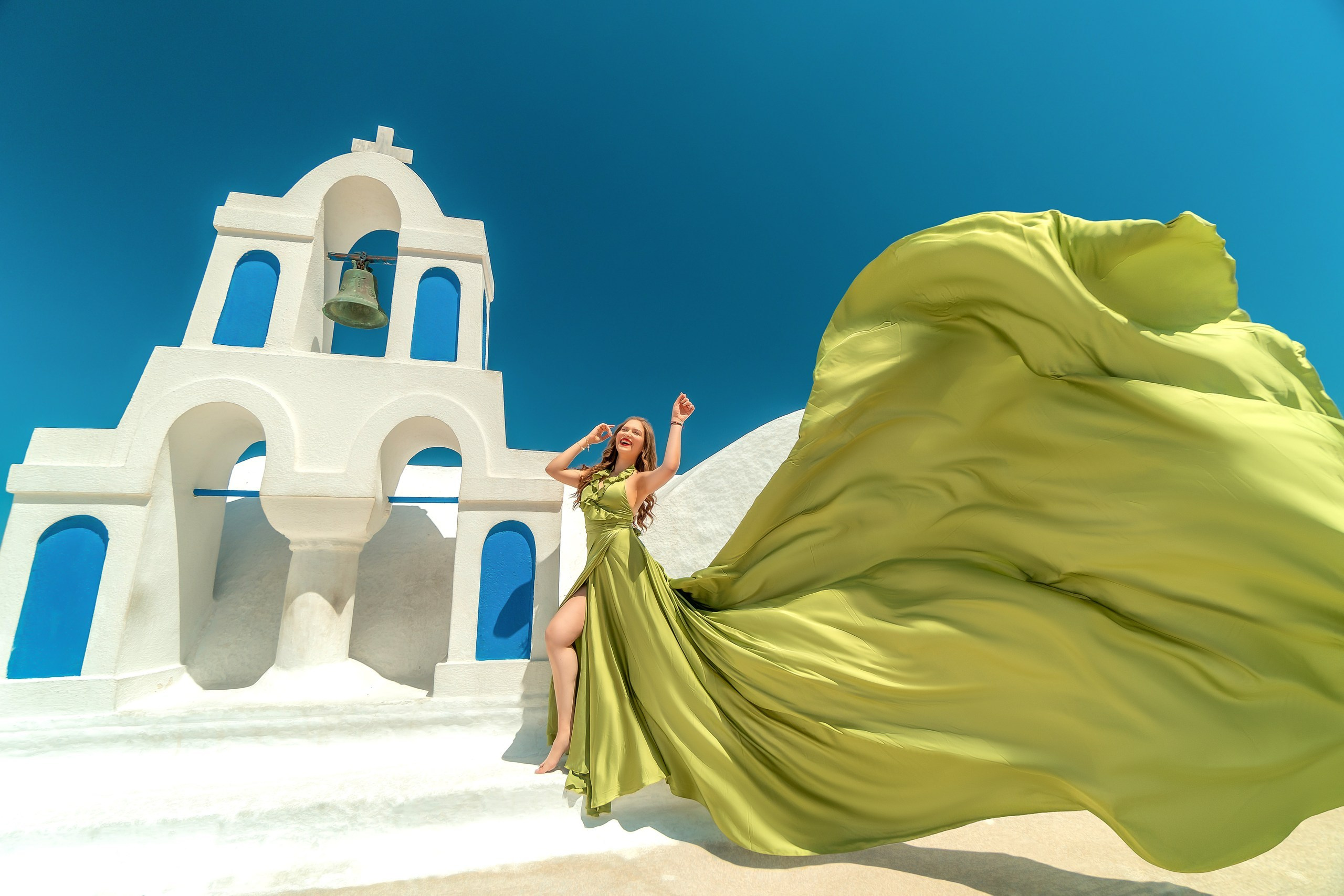 Santorini Olive Flying Dress — Bare Back, Sizes XS-L, Rent for 100 Euros — Santorini Photoshoot Gown. Photographer in Santorini SokoLOVE Alex| Flying Dress Santorini