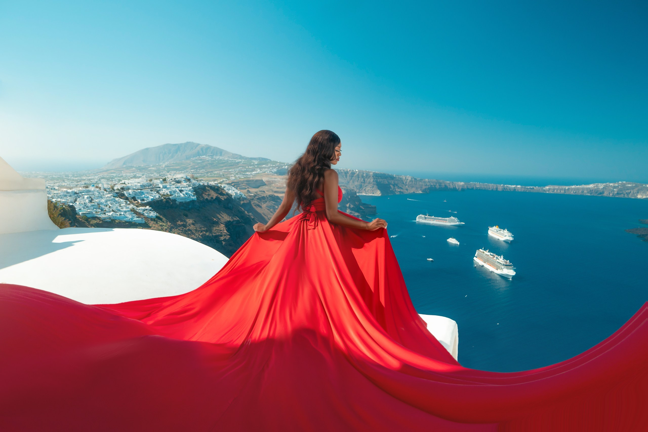 Red Flying Dress Santorini. Photographer in Santorini SokoLOVE Alex| Flying Dress Santorini