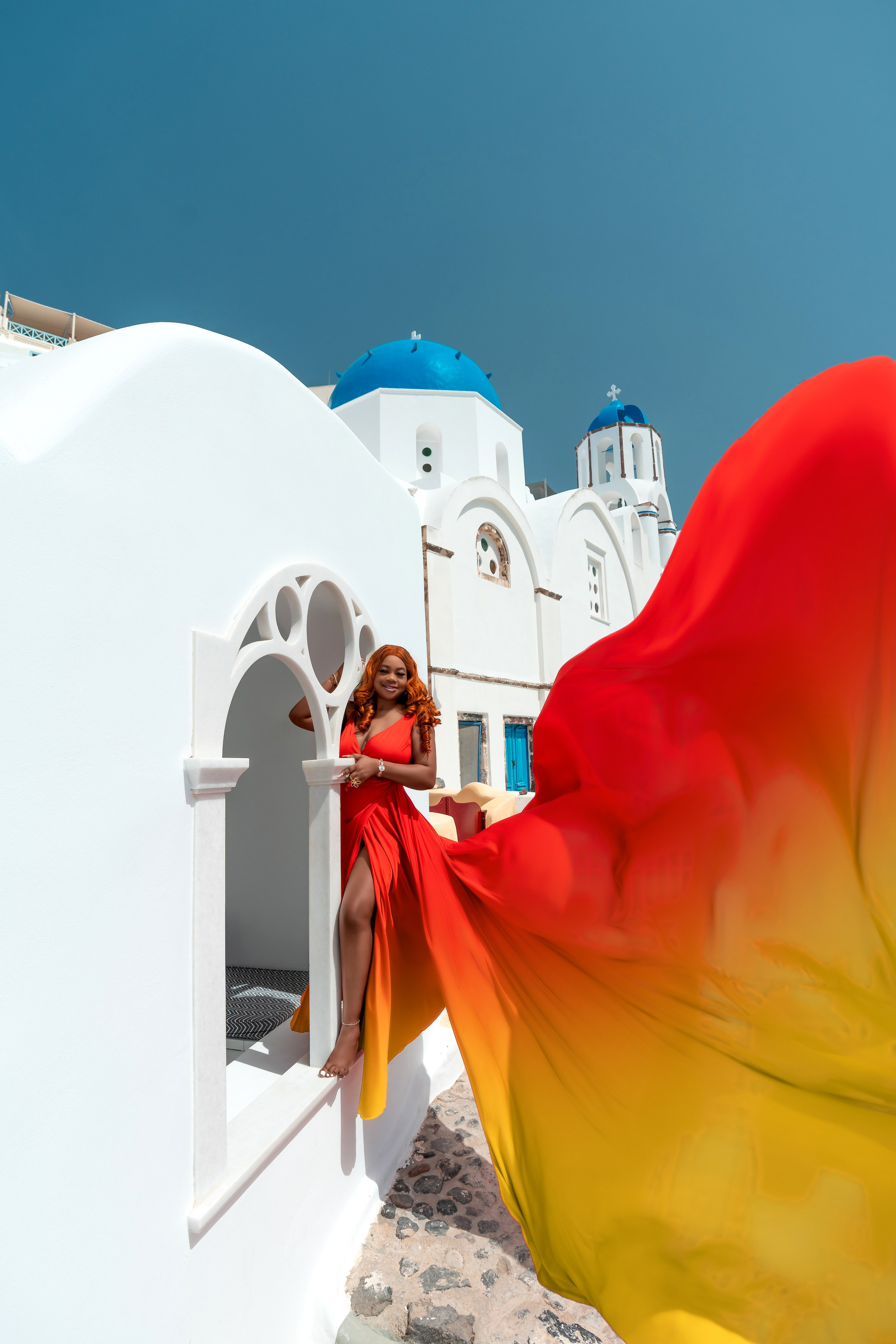 Red Flying Dress Santorini. Photographer in Santorini SokoLOVE Alex| Flying Dress Santorini