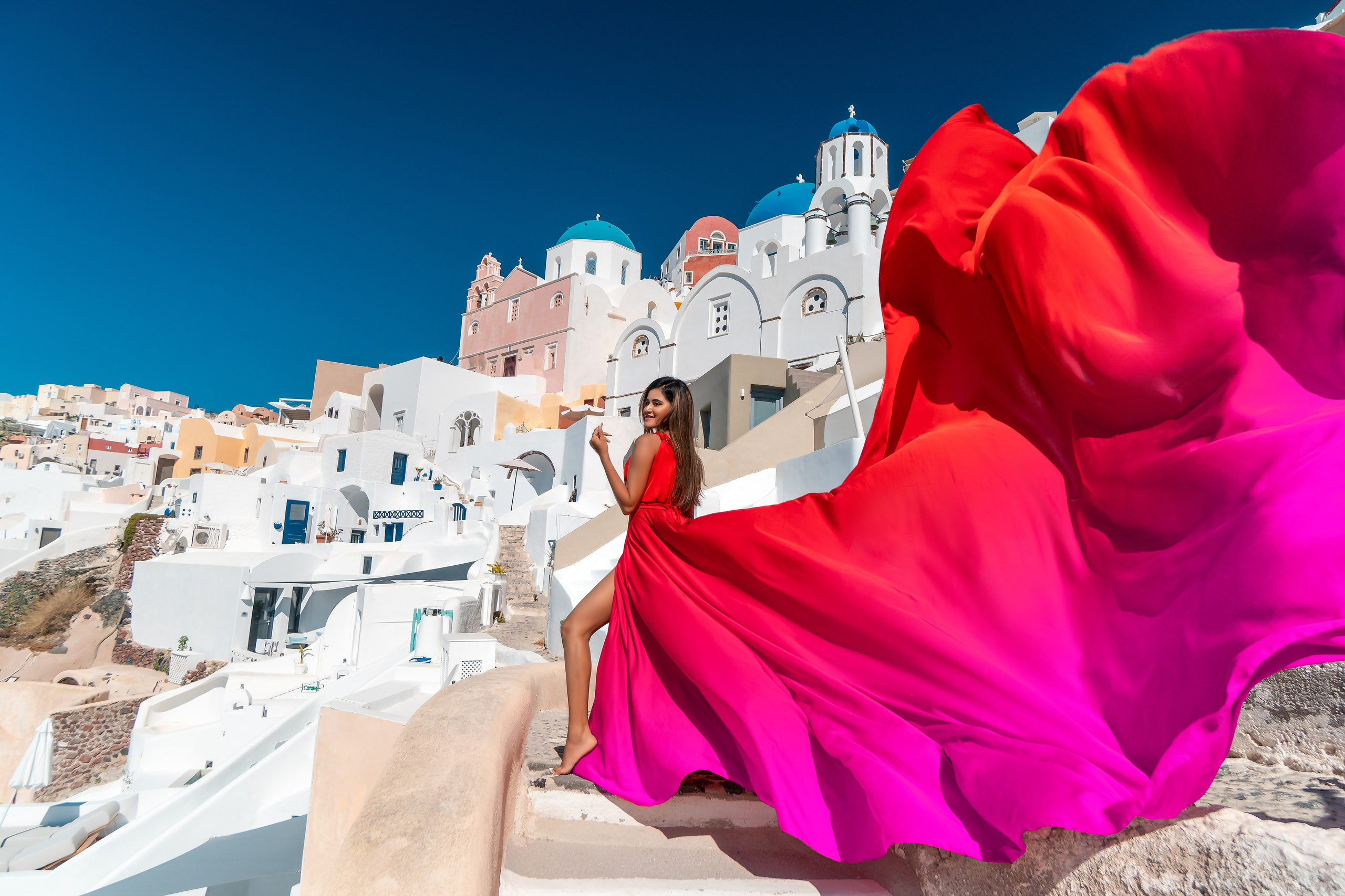 Santorini’s Magic in Motion: Flying Dress Photoshoot with a Lovely Couple from India. Photographer in Santorini SokoLOVE Alex| Flying Dress Santorini