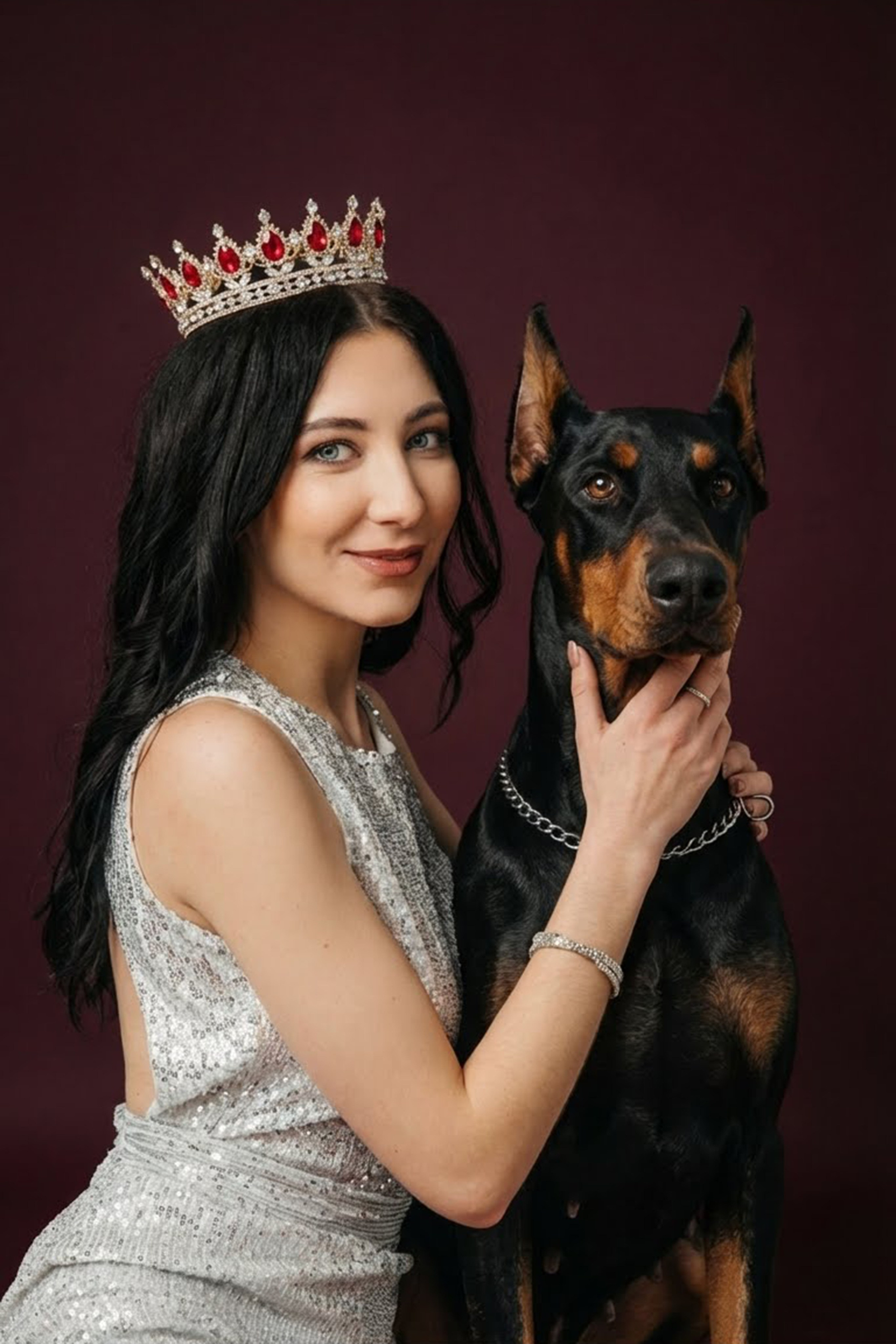 Frau lächelt und sitzt mit einem Dobermann vor bordeauxrotem Hintergrund.