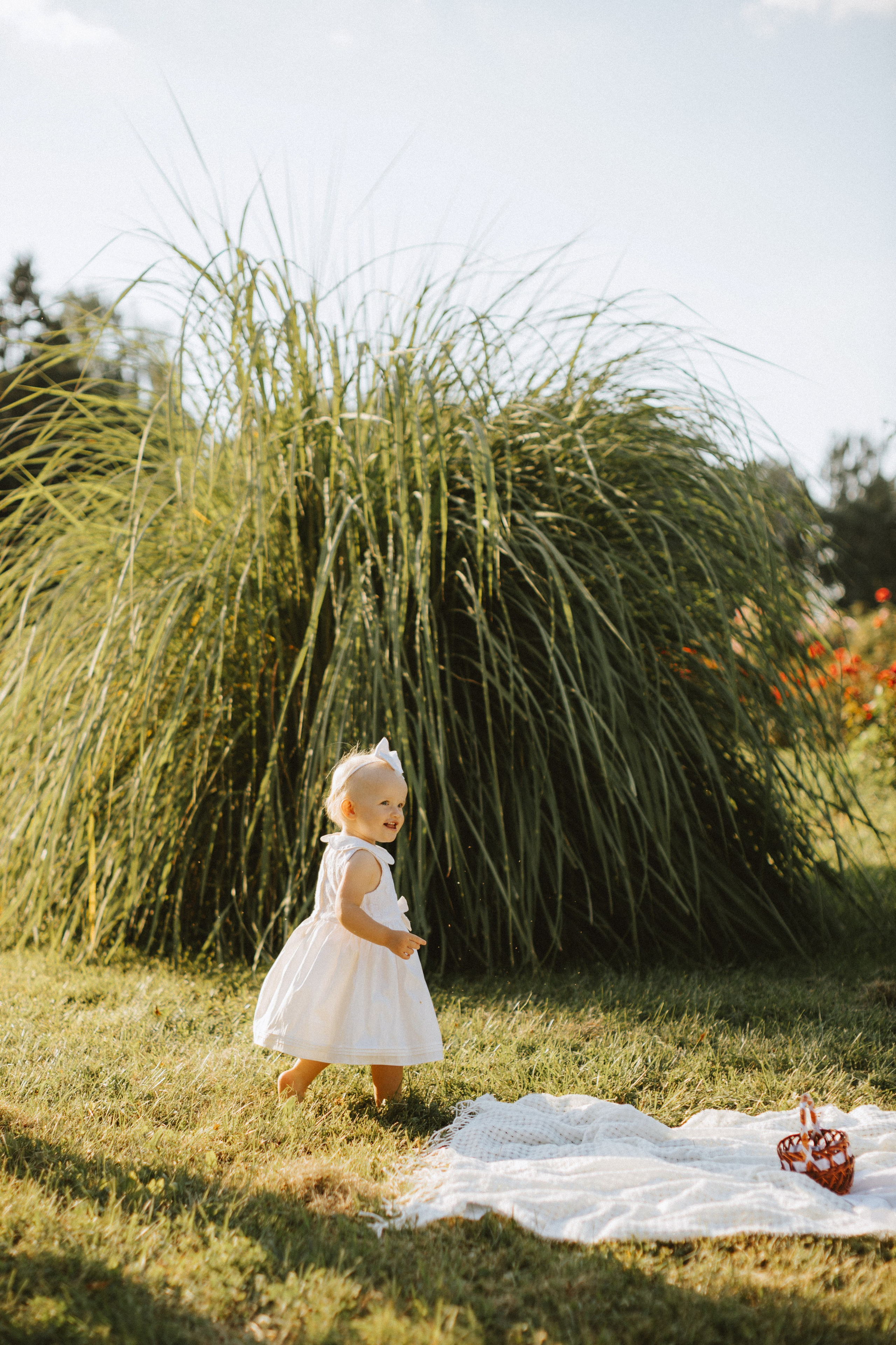 “Una bambina con un vestitino bianco cammina gioiosamente in un campo erboso, con un grande ciuffo d'erba sullo sfondo. Una coperta e un piccolo cesto sono appoggiati a terra nelle vicinanze, creando una scena all'aperto pacifica e giocosa”.