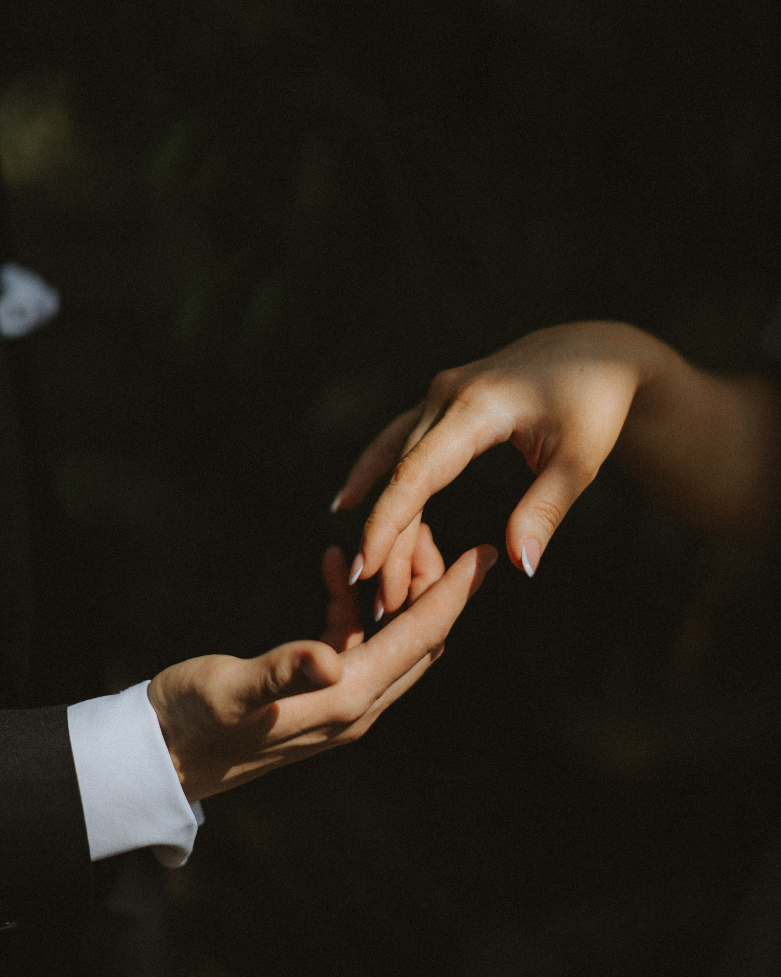 “The bride and groom’s hands holding each other, with shining rings, against a background of greenery, a wedding in Tuscany or Sicily.”