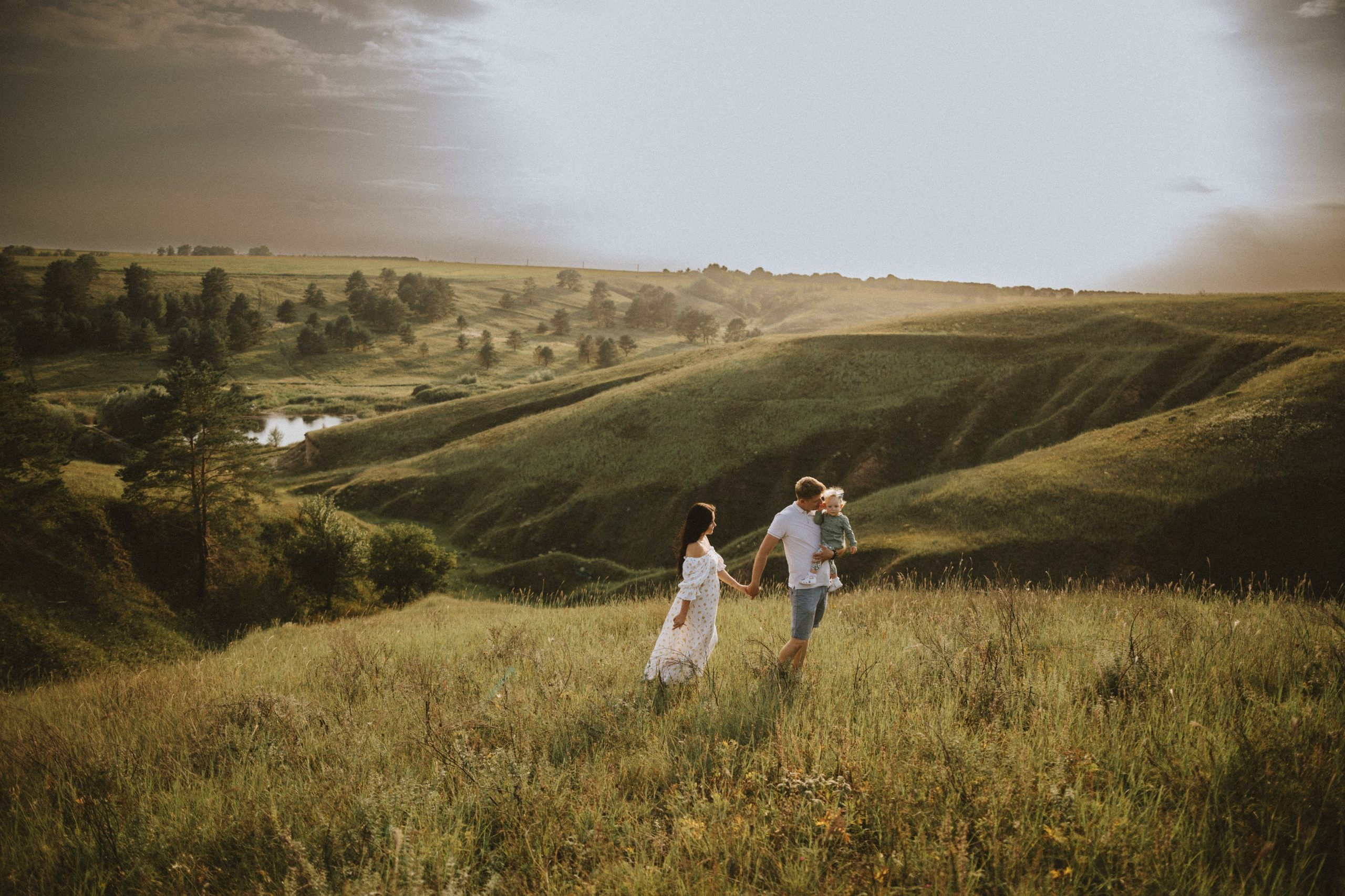 “Una famiglia che cammina in un vasto campo illuminato dal sole. Il padre porta in braccio il bambino mentre la madre cammina accanto a loro, tenendosi per mano. Lo sfondo scenico comprende colline ondulate, alberi e un piccolo stagno, per catturare un momento di pace e serenità nella natura”.