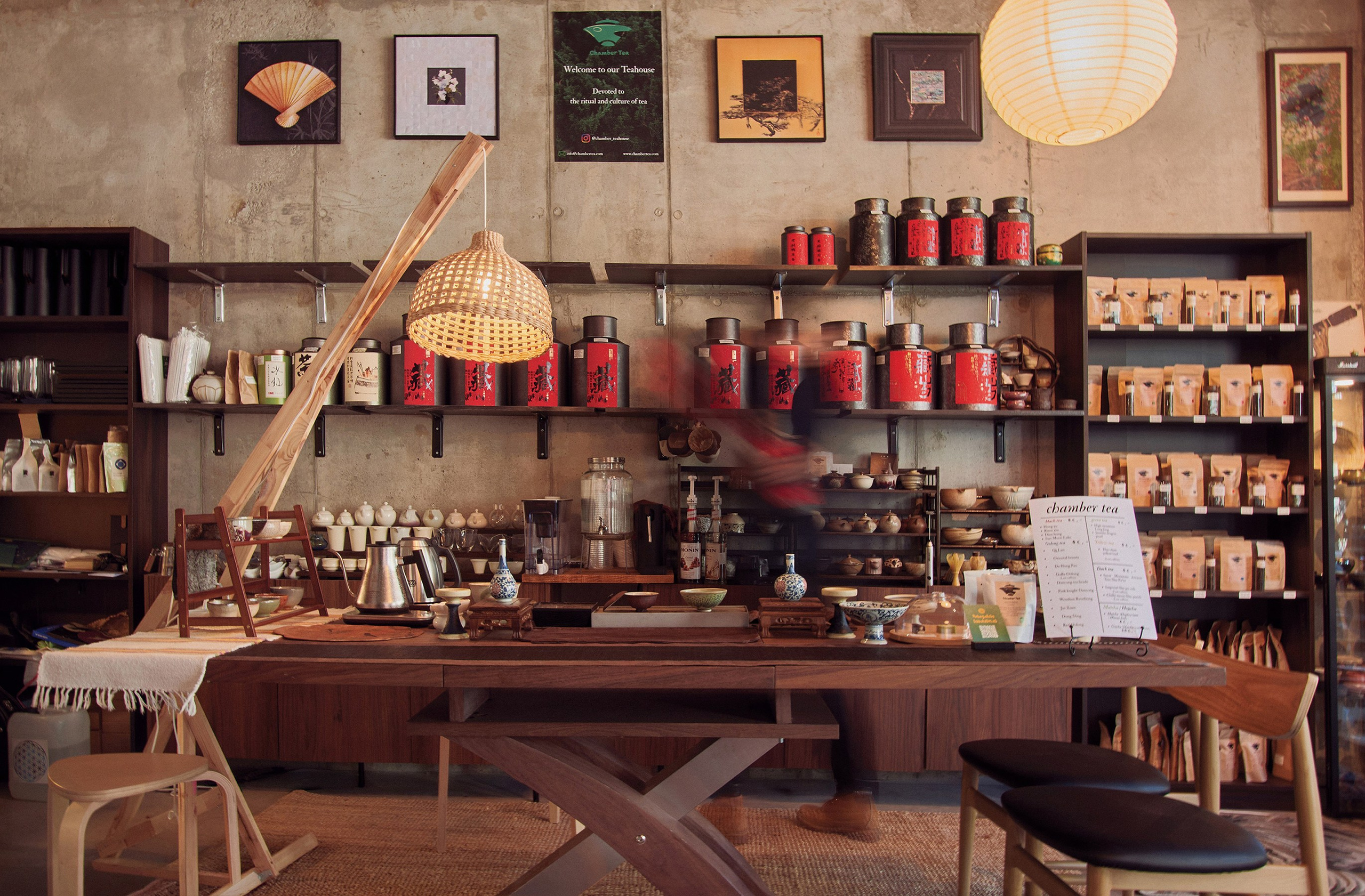 Cozy and minimalist interior of a Chinese artisan tea chamber in Tallinn, lifestyle content photography