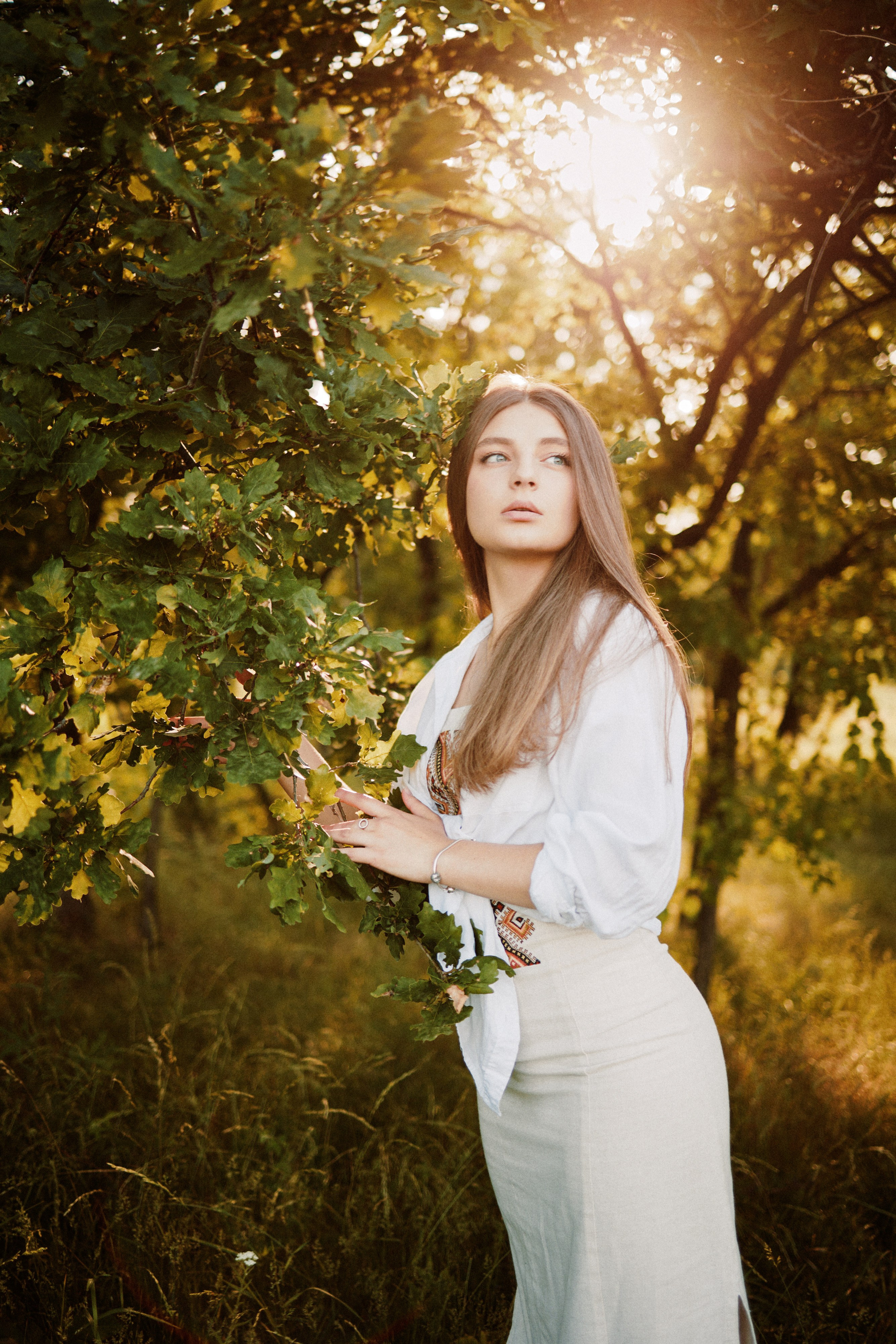Жіночий портрет на природі — дівчина біля дерева на заході сонця, у Дніпрі