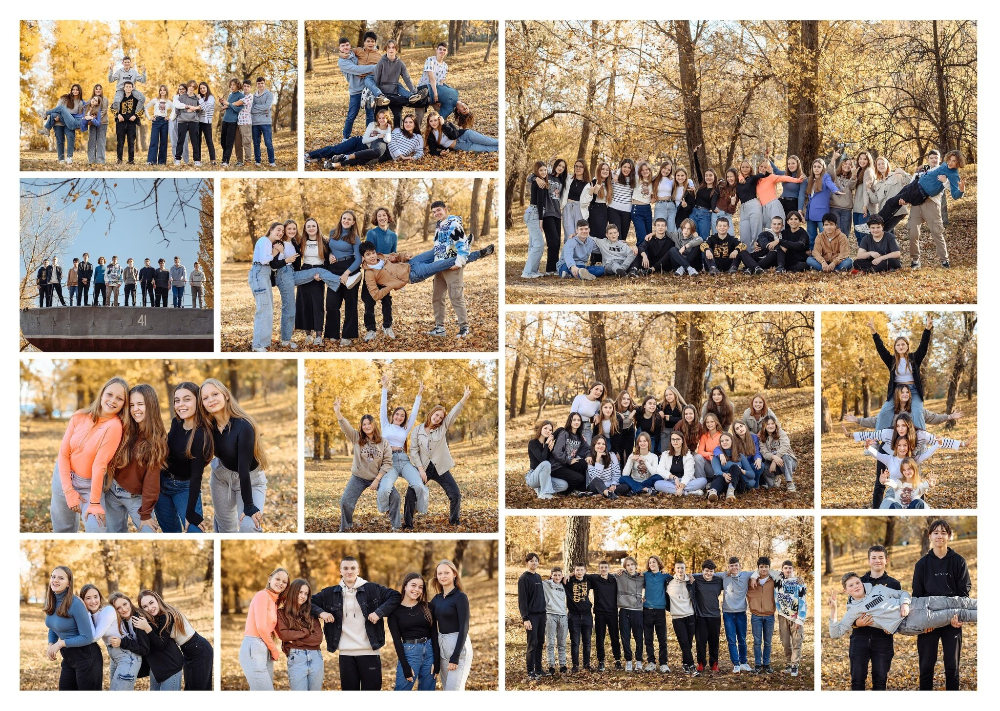 Колаж із групових фотографій класу на вулиці біля школи у випускному фотоальбомі