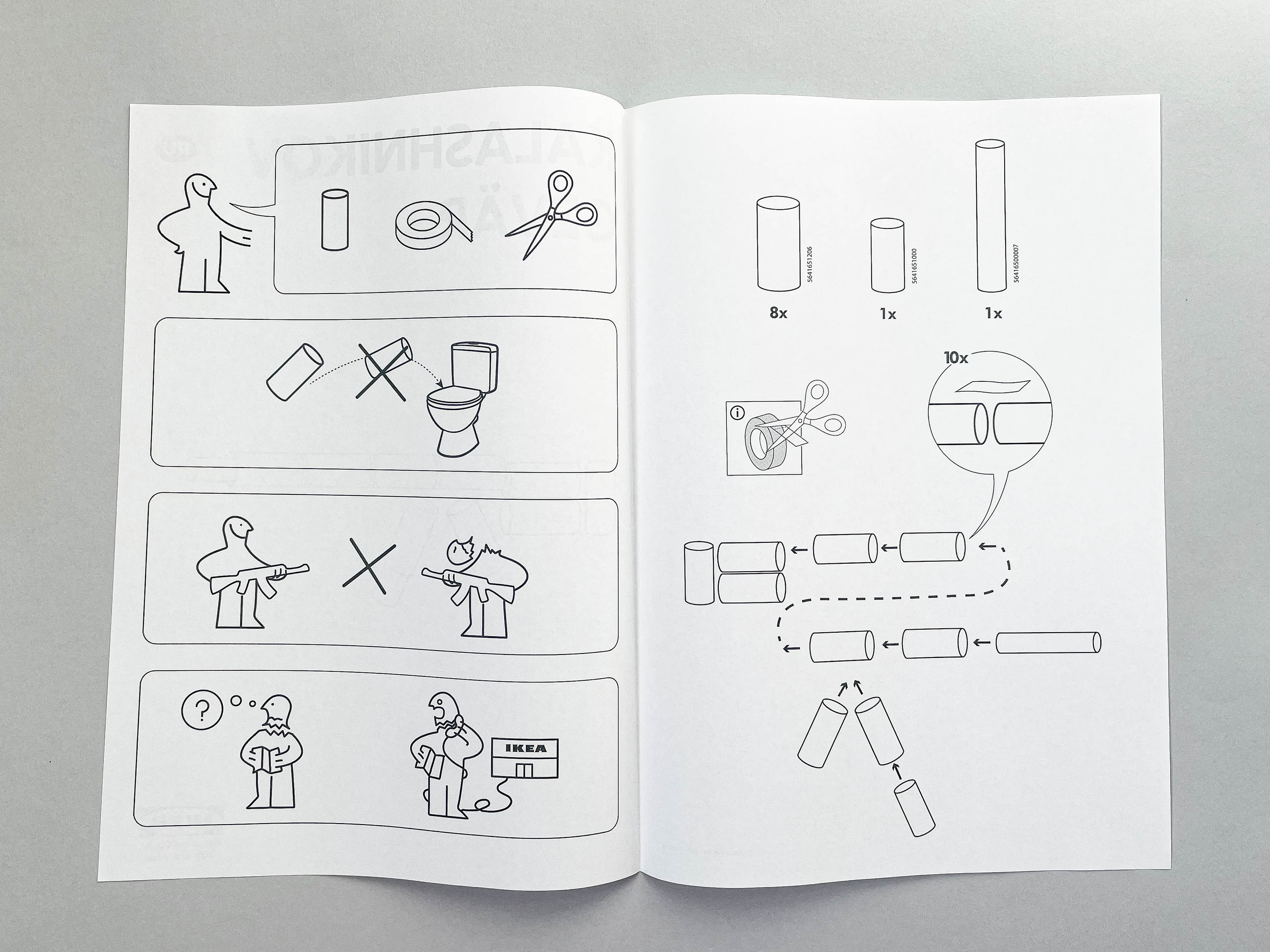 The image depicts an open instruction manual designed in the style of IKEA's assembly guides. The left page contains step-by-step illustrations:A person indicating the need for toilet paper rolls and tape.An instruction not to dispose of the toilet paper rolls in the toilet.An instruction not to use the assembled rifle in an unsafe or aggressive manner.A confused person with a question mark and an IKEA store, suggesting to refer to IKEA for help if needed.The right page shows the assembly instructions:Required materials: eight toilet paper rolls, tape, and scissors.Cutting and taping instructions for the rolls.Steps to connect the rolls to form the shape of a rifle.The background is a plain, light gray surface.