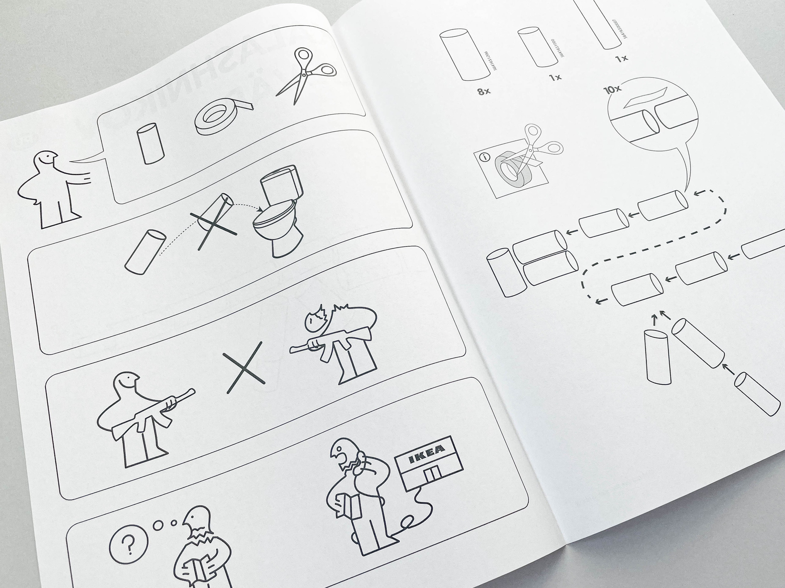 The image depicts an open instruction manual designed in the style of IKEA's assembly guides. The left page contains step-by-step illustrations:A person indicating the need for toilet paper rolls and tape.An instruction not to dispose of the toilet paper rolls in the toilet.An instruction not to use the assembled rifle in an unsafe or aggressive manner.A confused person with a question mark and an IKEA store, suggesting to refer to IKEA for help if needed.The right page shows the assembly instructions:Required materials: eight toilet paper rolls, tape, and scissors.Cutting and taping instructions for the rolls.Steps to connect the rolls to form the shape of a rifle.The background is a plain, light gray surface.