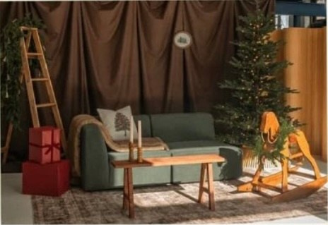 Elegant holiday setup at The Mod Loft — vintage furniture, real pine tree, and timeless Christmas atmosphere.