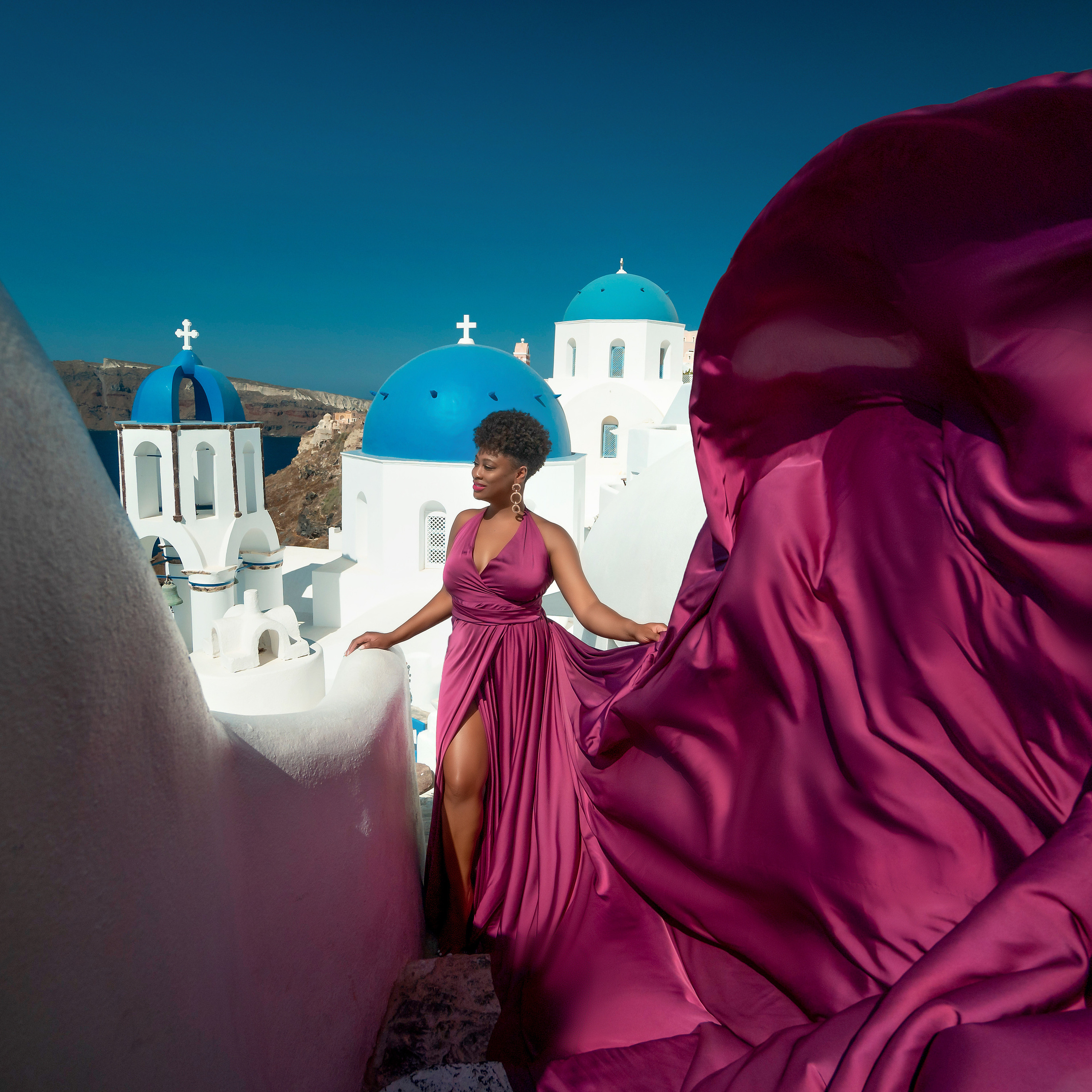 Mocha Mousse or cappuccino Flying Dress Santorini — Bare Back, Elegant & Flowing (XS-L) price 100 euro. Photographer in Santorini SokoLOVE Alex| Flying Dress Santorini
