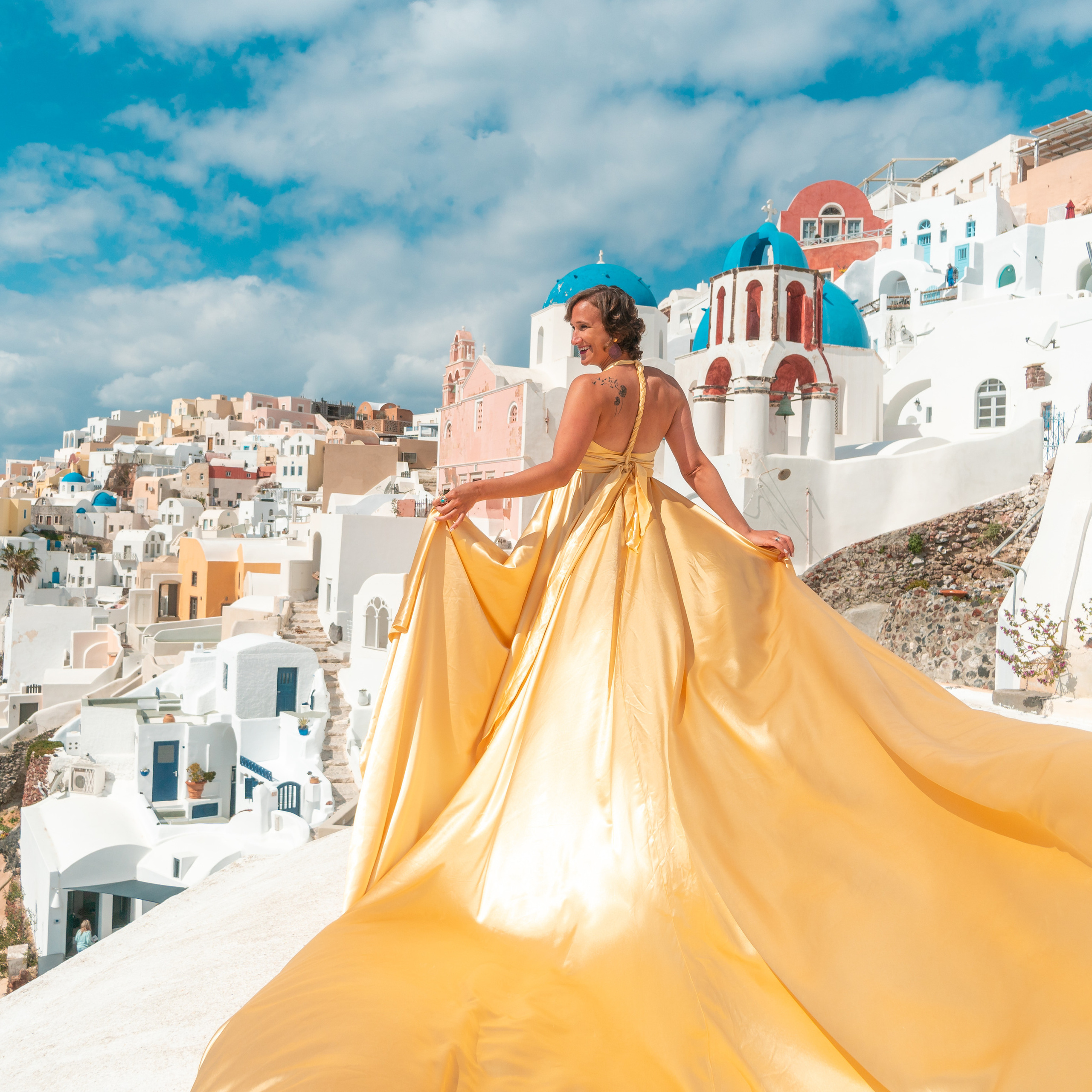 Royal Blue Flying Dress with Short Sleeves (XS-L) — Elegant Santorini Photoshoot Gown. Photographer in Santorini SokoLOVE Alex| Flying Dress Santorini