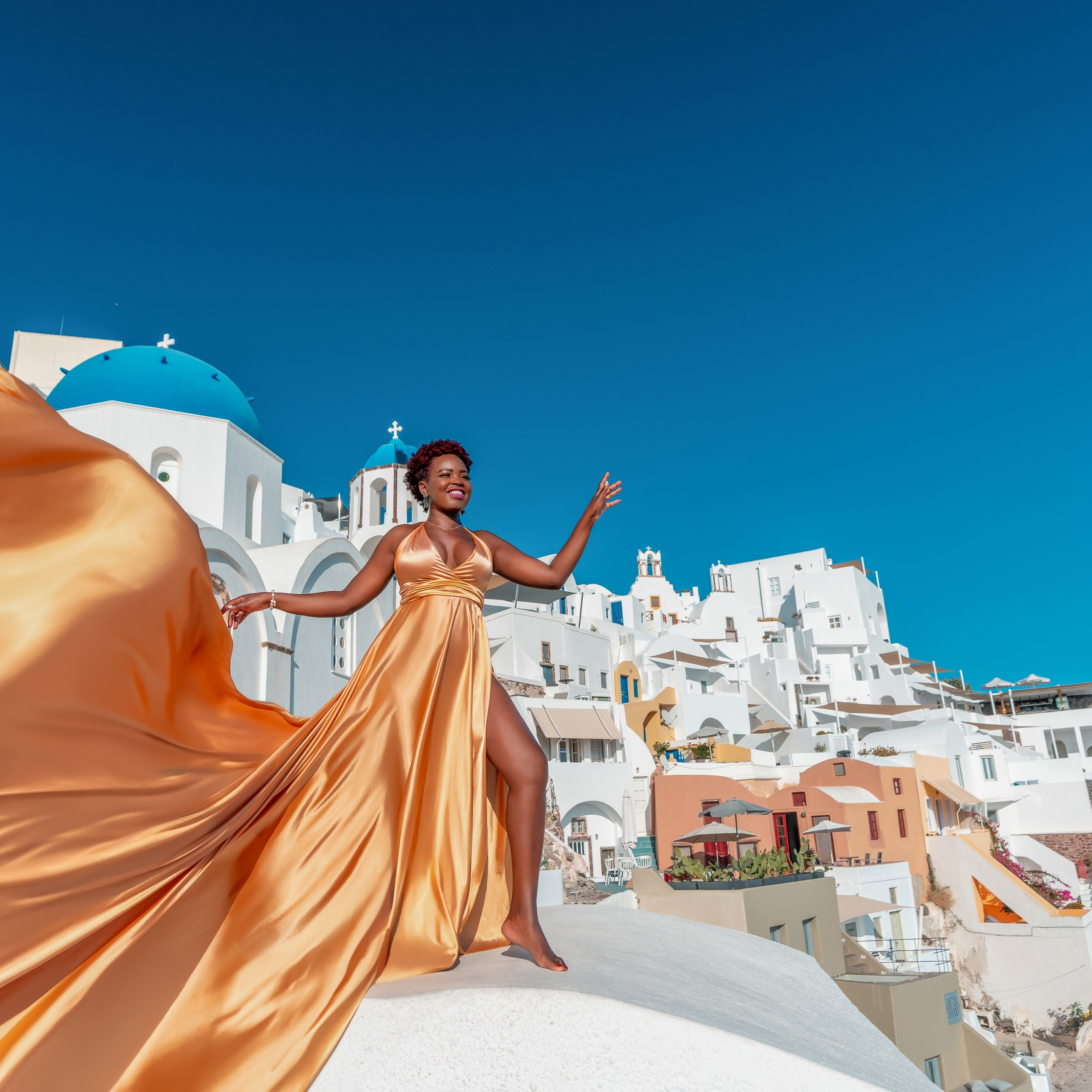 Royal Blue Flying Dress with Short Sleeves (XS-L) — Elegant Santorini Photoshoot Gown. Photographer in Santorini SokoLOVE Alex| Flying Dress Santorini