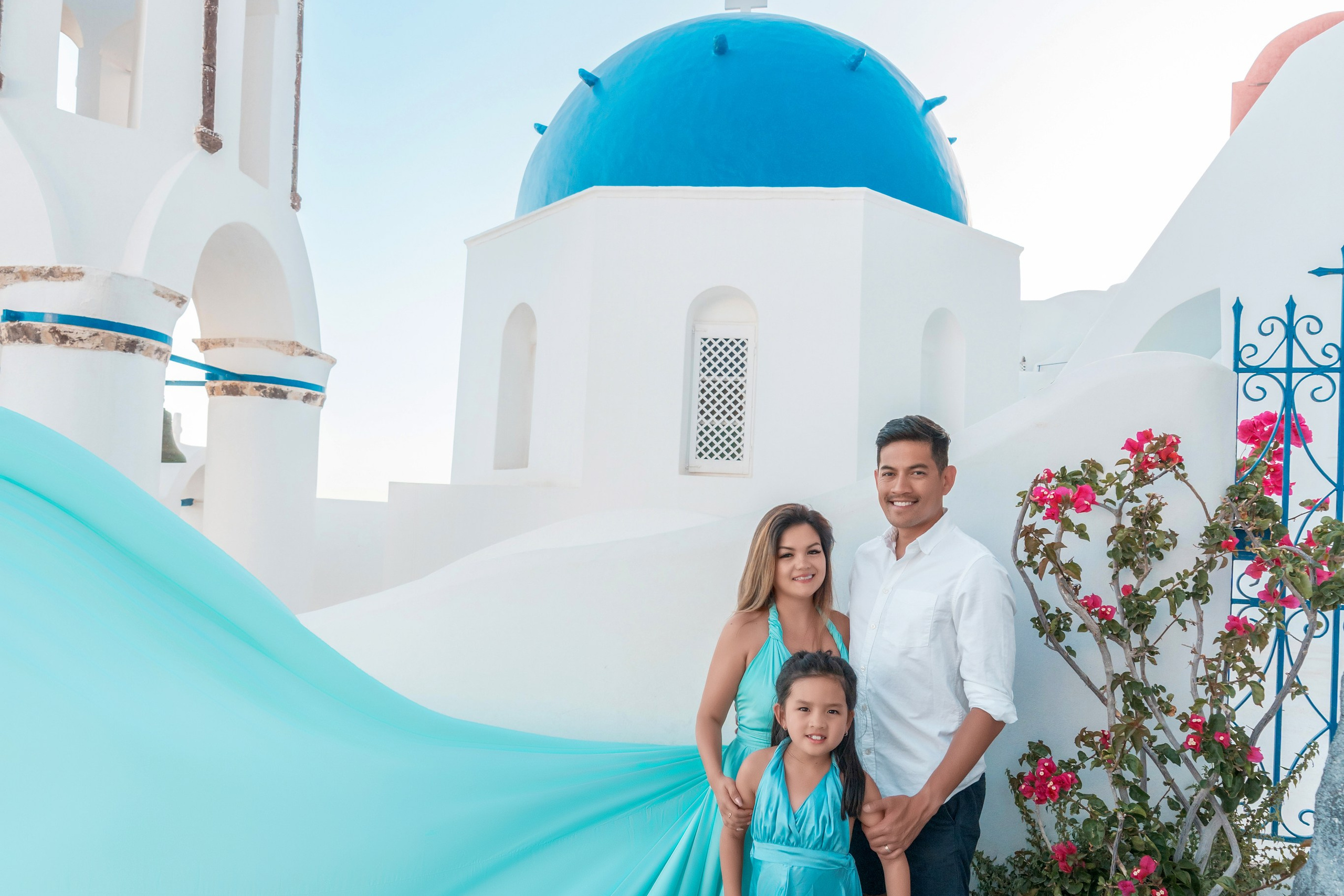 Draped in Dreams, Soaring in Santorini with a flying dress