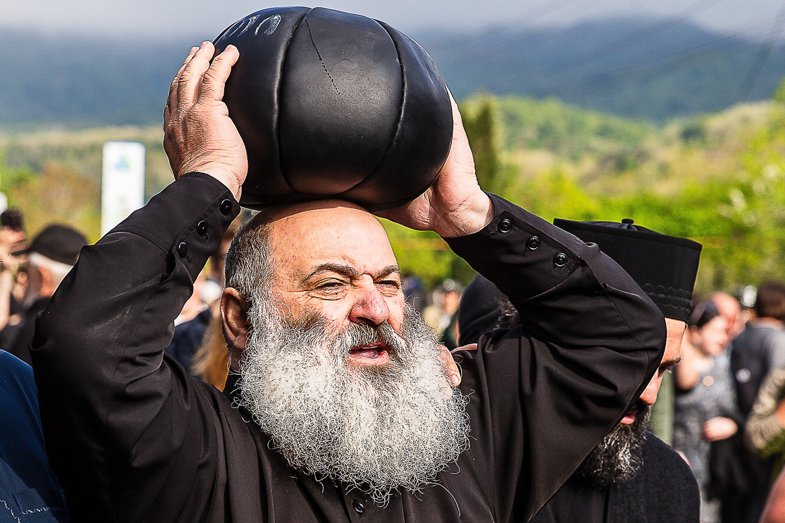 Moment of traditional Lelo Burti match with large ball, Georgia 2025